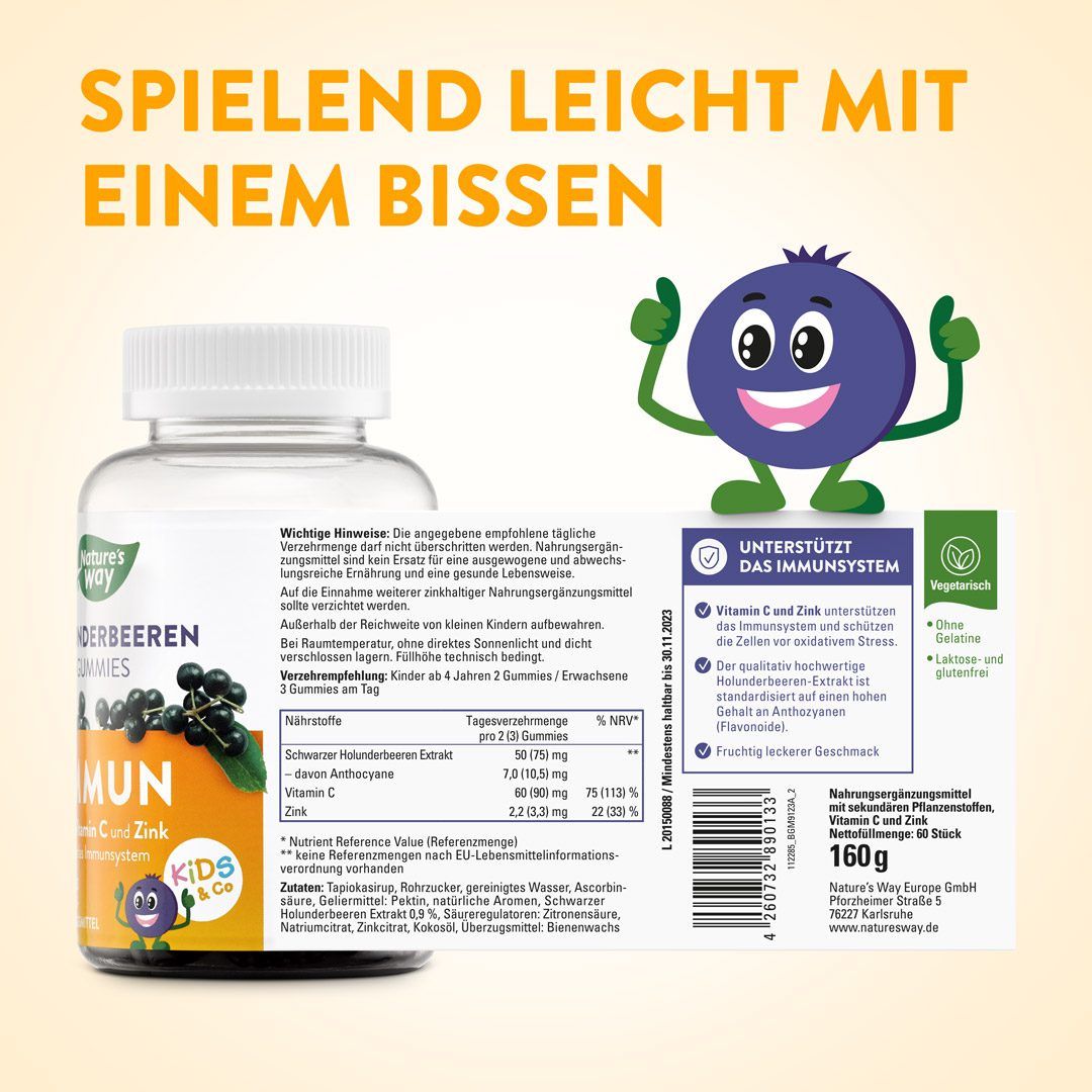 Flasche mit Etikett. Text: 'HOLUNDERBEEREN GUMMIES IMMUN'. Illustration einer Blaubeere. Text: 'Unterstützt das Immunsystem'.