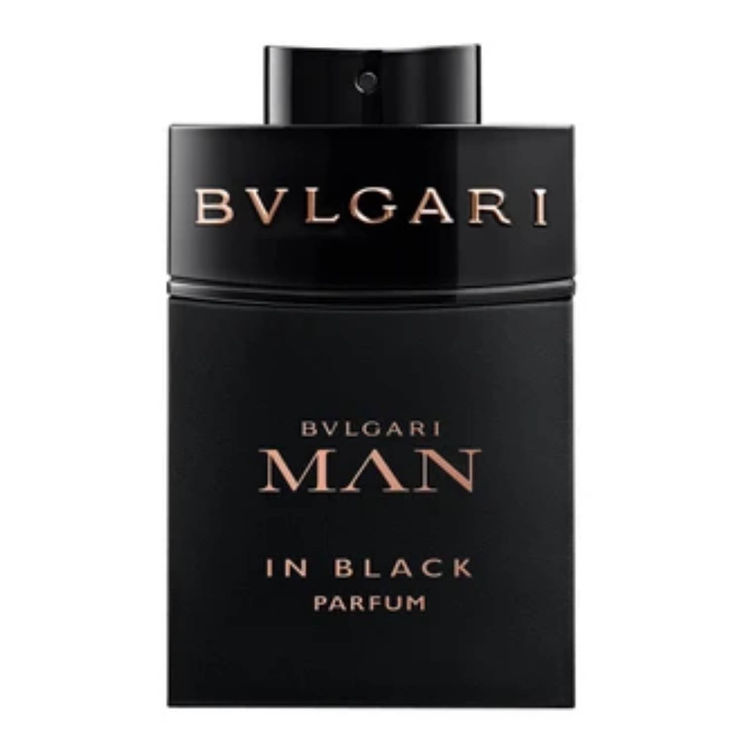 Schwarzer Flakon mit goldfarbenem Schriftzug Bvlgari Man In Black Parfum. Quadratische Form mit schwarzem Verschluss.