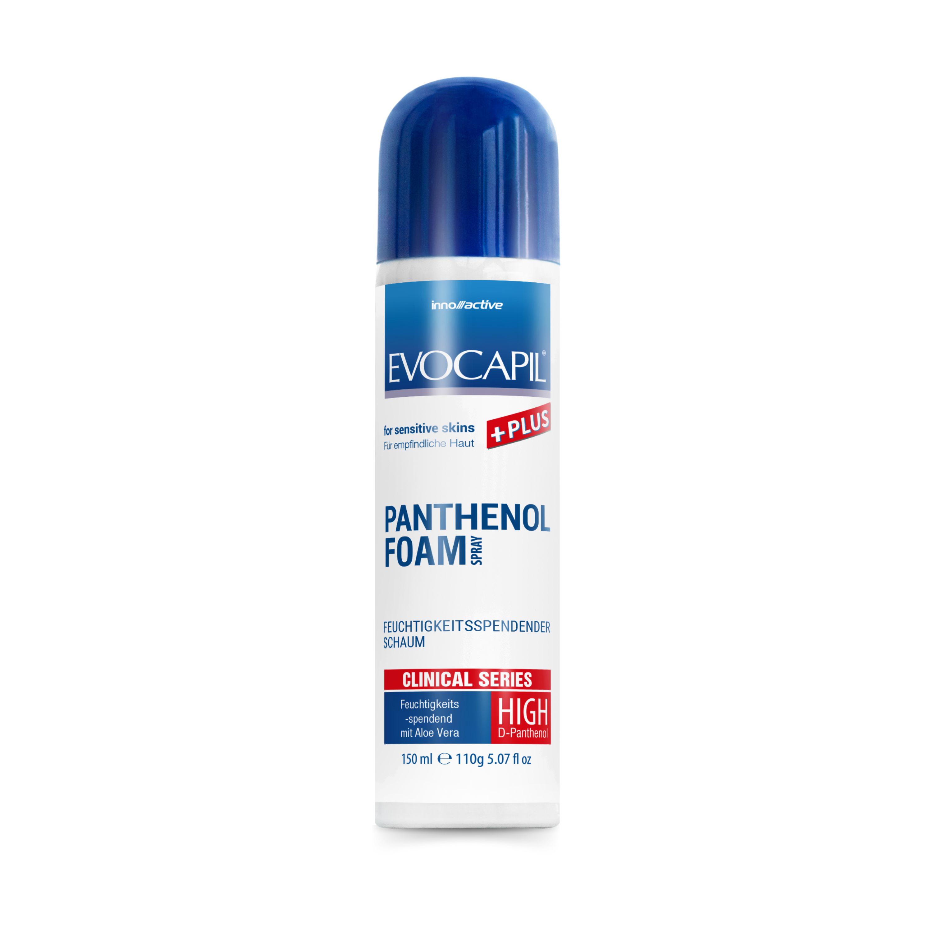 Witte en blauwe sprayfles met EVOCAPIL, PANTHENOL FOAM. Tekst: CLINICAL SERIES, HIGH. Bevat 150 ml.