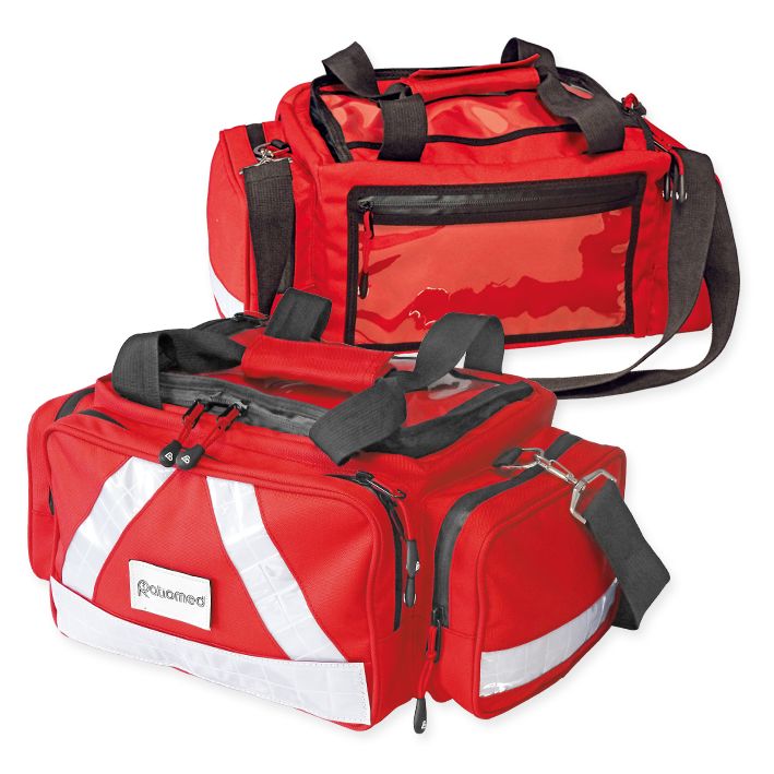 Rote Notfalltasche mit schwarzen Tragegriffen und Schultergurt. Reflektierende Streifen und ein transparentes Fach. Logo ratiomed.
