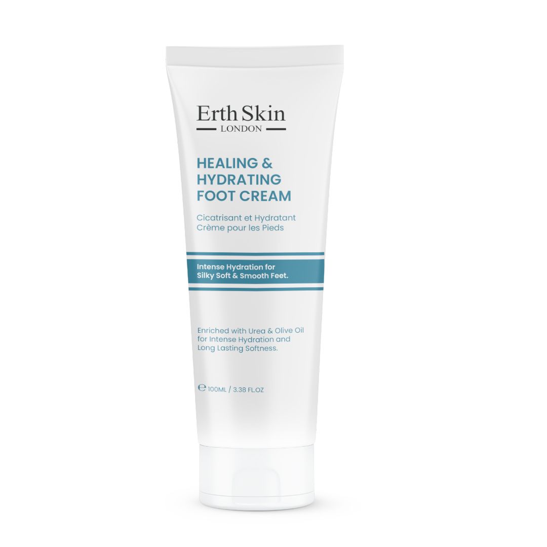 Weiße Tube mit Erth Skin London Fußcreme. Text: Healing & Hydrating Foot Cream. Blaue Akzentlinie. Schriftzug: Intense Hydration.