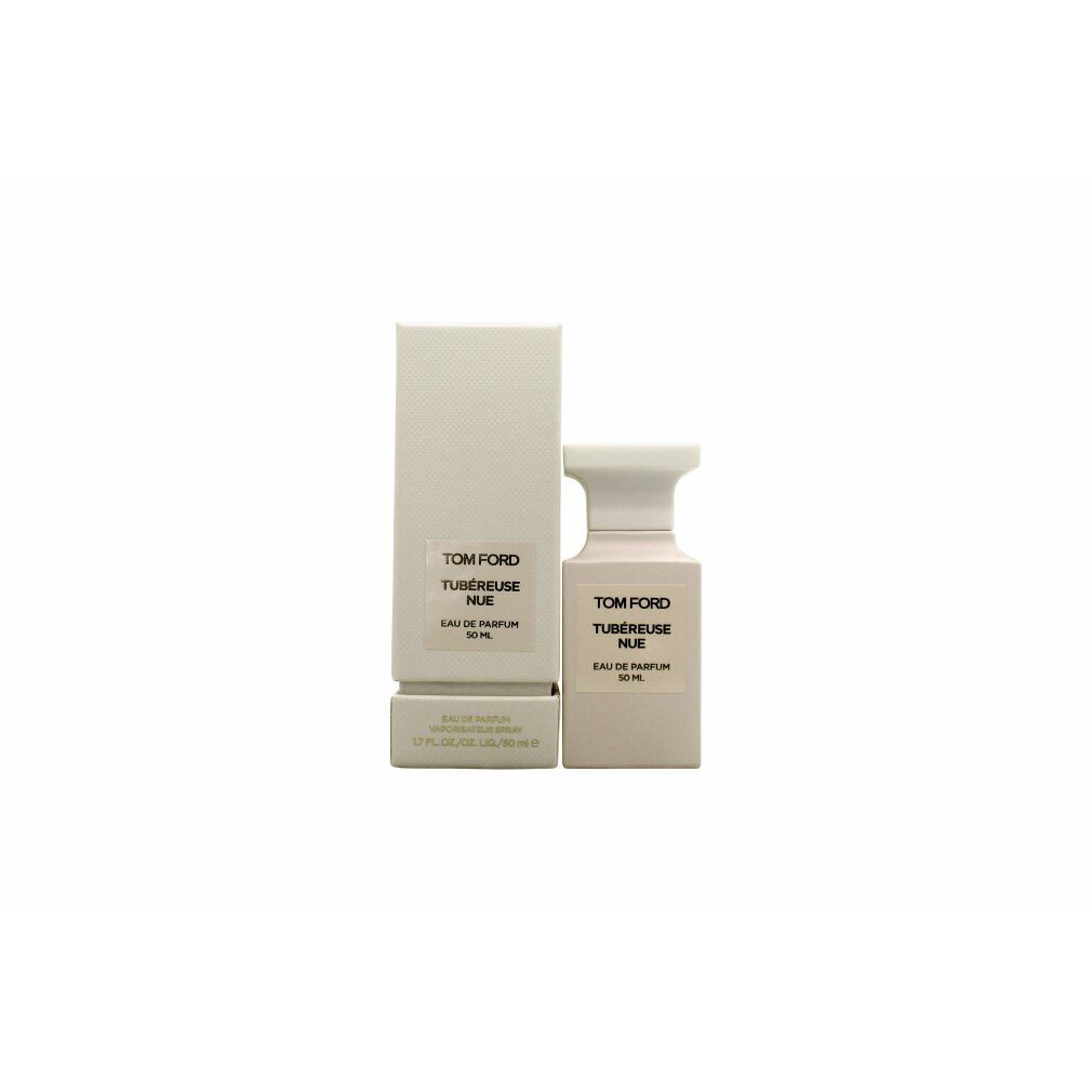 Weiße Flasche und Verpackung. Aufschrift: TOM FORD TUBÉREUSE NUE Eau de Parfum 50 ml. Flakon und Schachtel stehen nebeneinander.