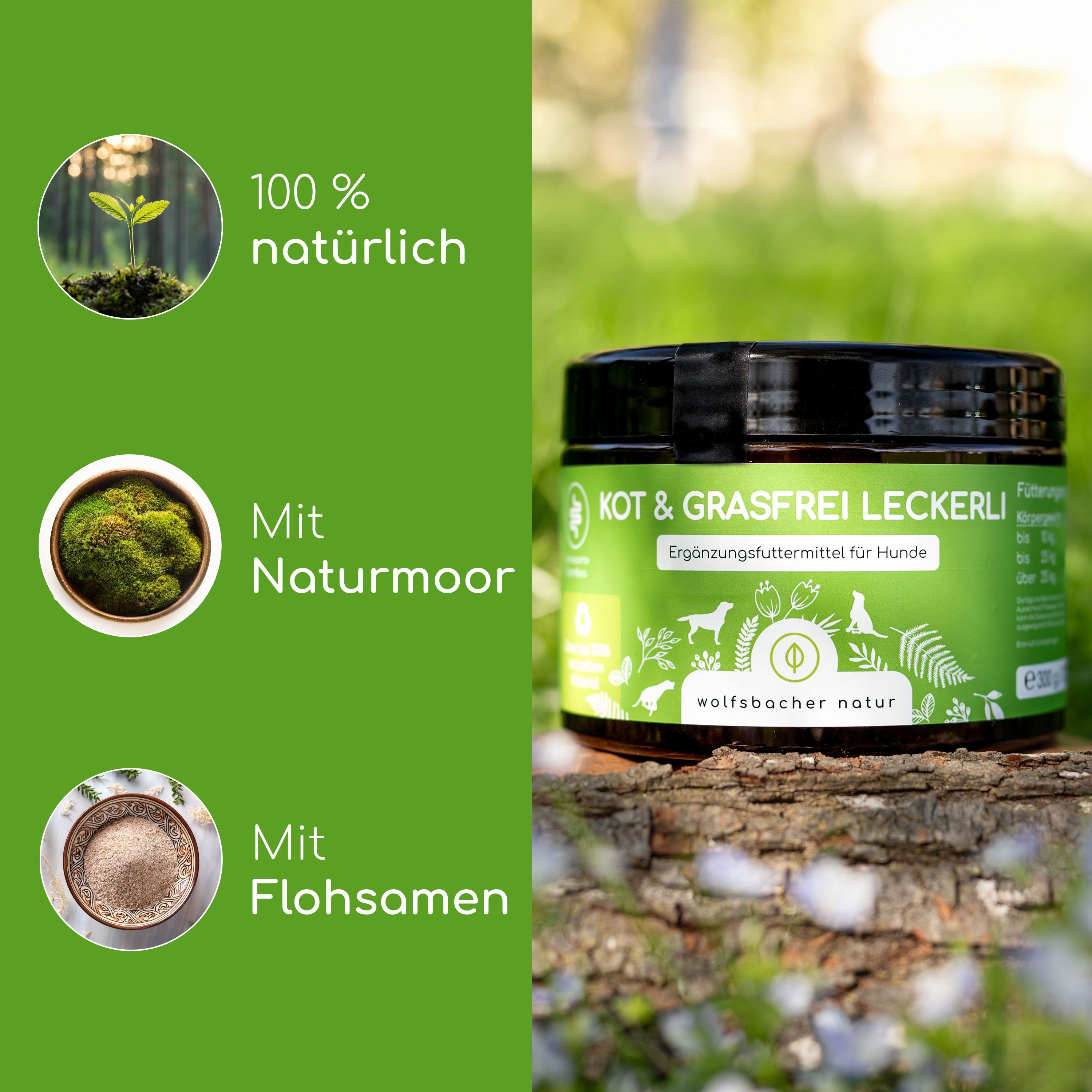 Ein Glas "KOT & GRASFREI LECKERLI" steht auf einem Baumstamm. Grafiken zeigen Inhaltsstoffe und "100% natürlich".