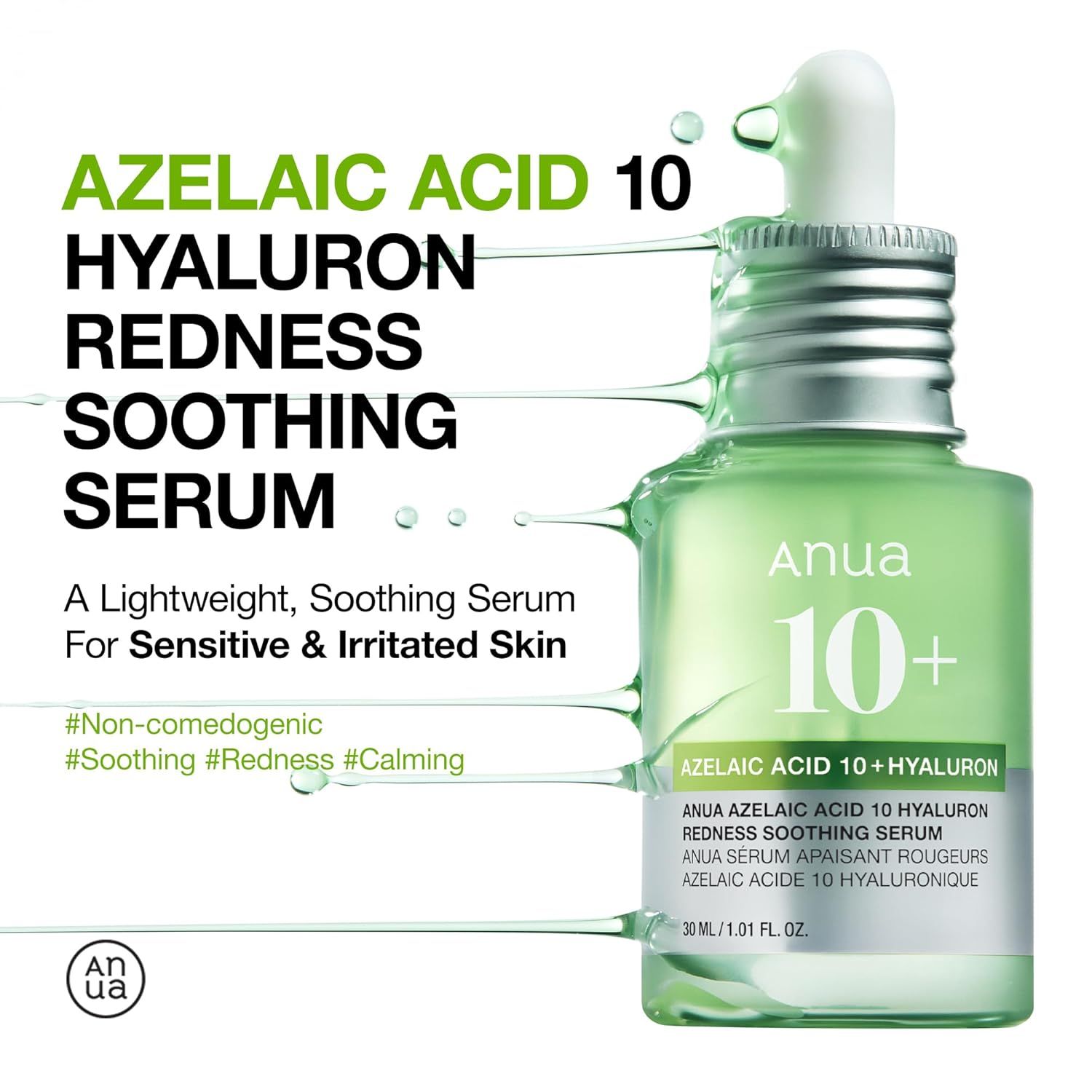 Grüne Serumflasche mit Aufschrift: Azelaic Acid 10 Hyaluron. Text: Für empfindliche Haut.