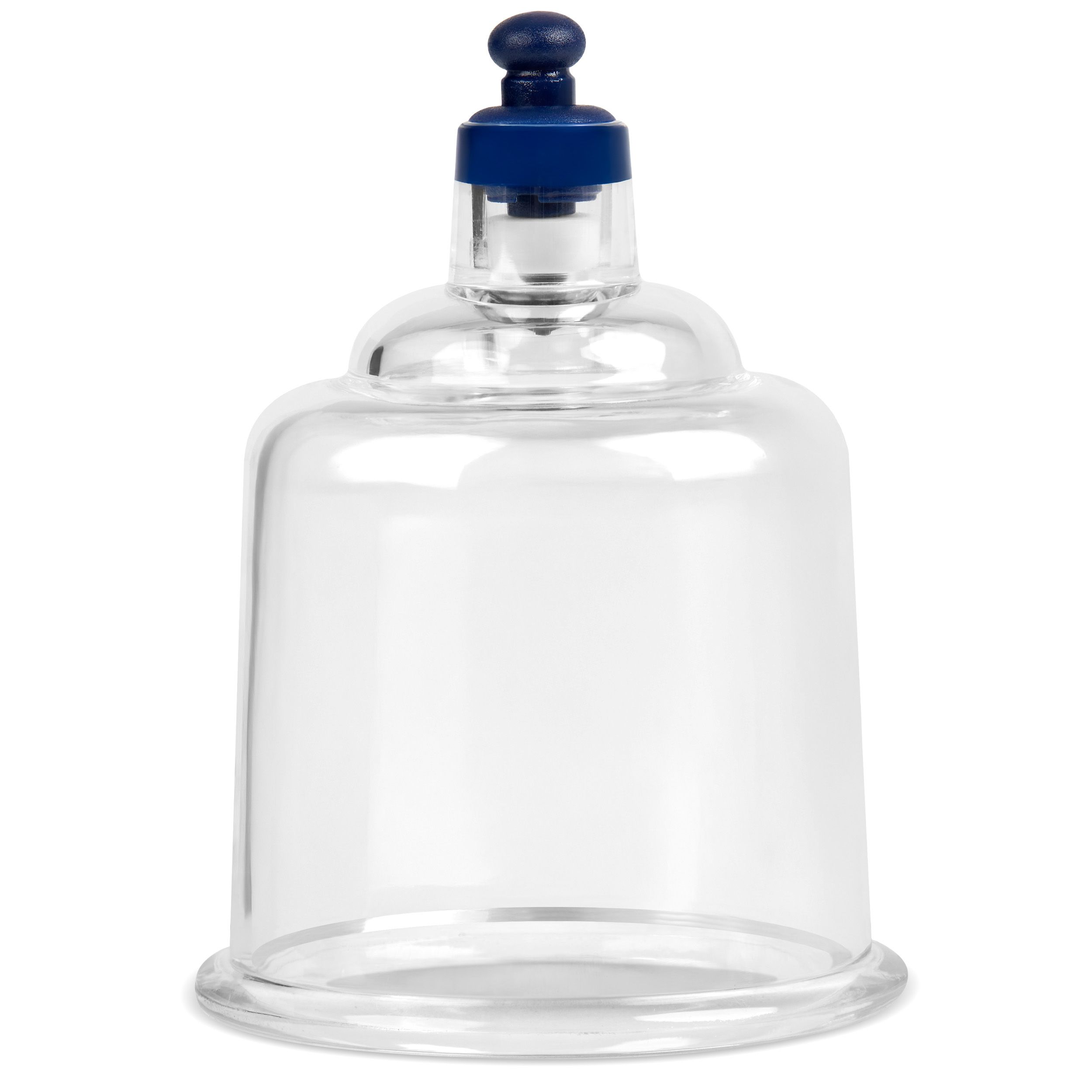 Klares Schröpfglas mit blauem Ventil. Kunststoff, zylindrische Form mit abgerundeter Oberseite.