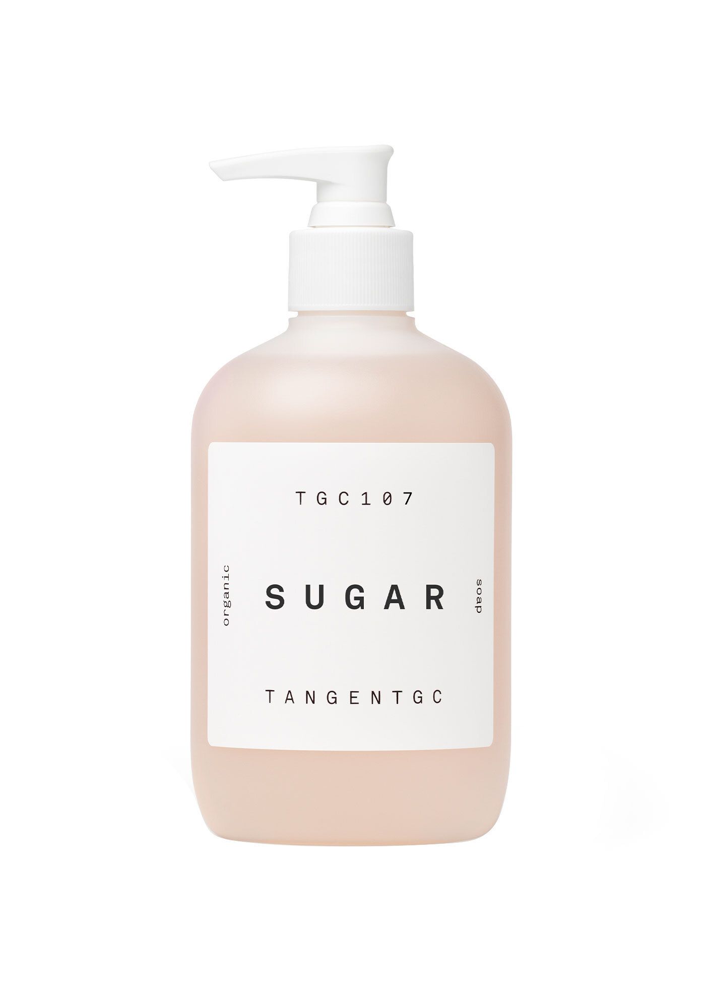 Flasche mit Pumpverschluss. Aufkleber mit der Aufschrift "SUGAR" und "TANGENT GC". Rosa Flüssigkeit.