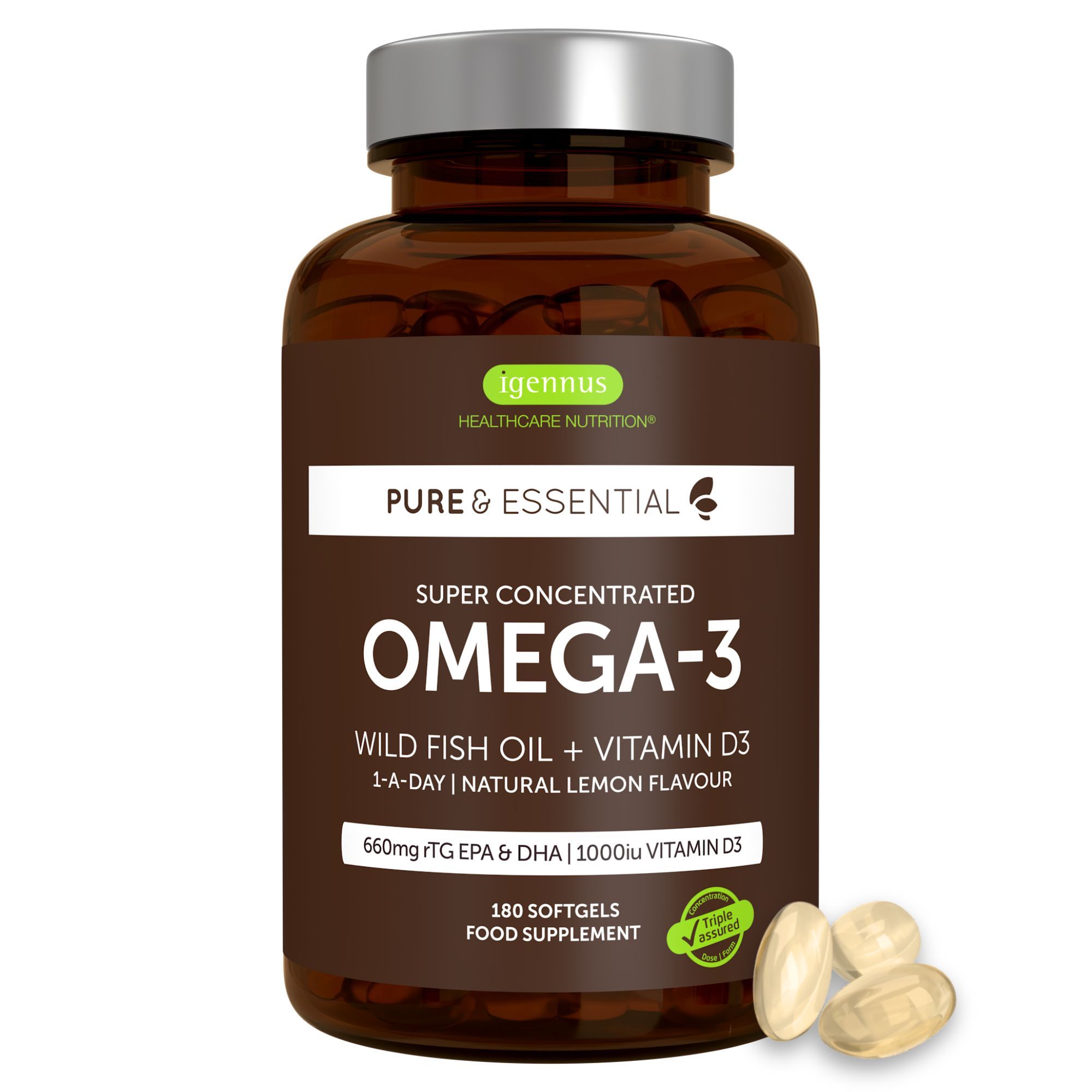 Igennus Omega-3 Fischöl mit D3 1000 IE, EPA DHA Fettsäuren, Triglyceridform rTG, Rein IFOS