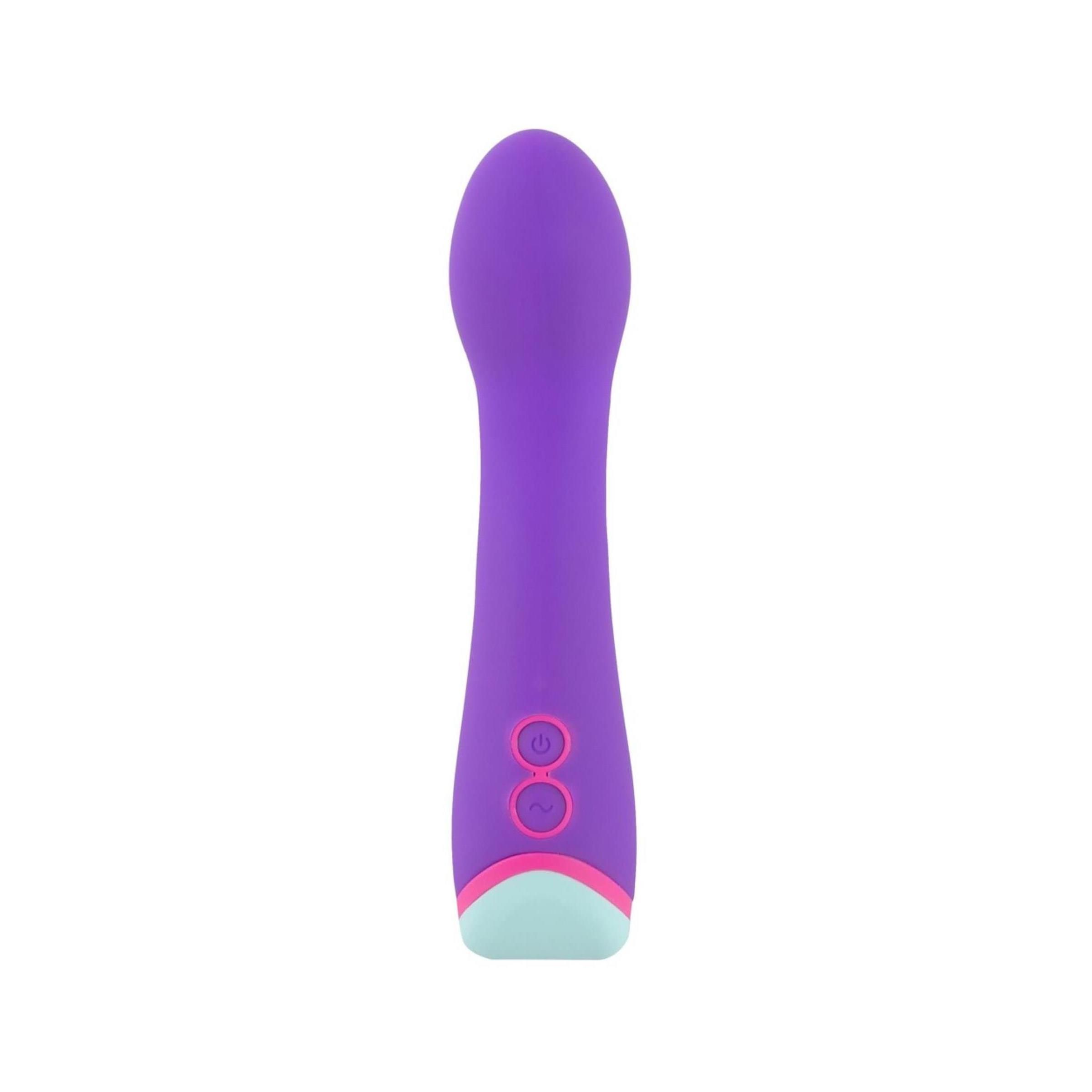 Gerader, lila Vibrator. Zwei Knöpfe, rosa und hellblauer Akzent am Ende.
