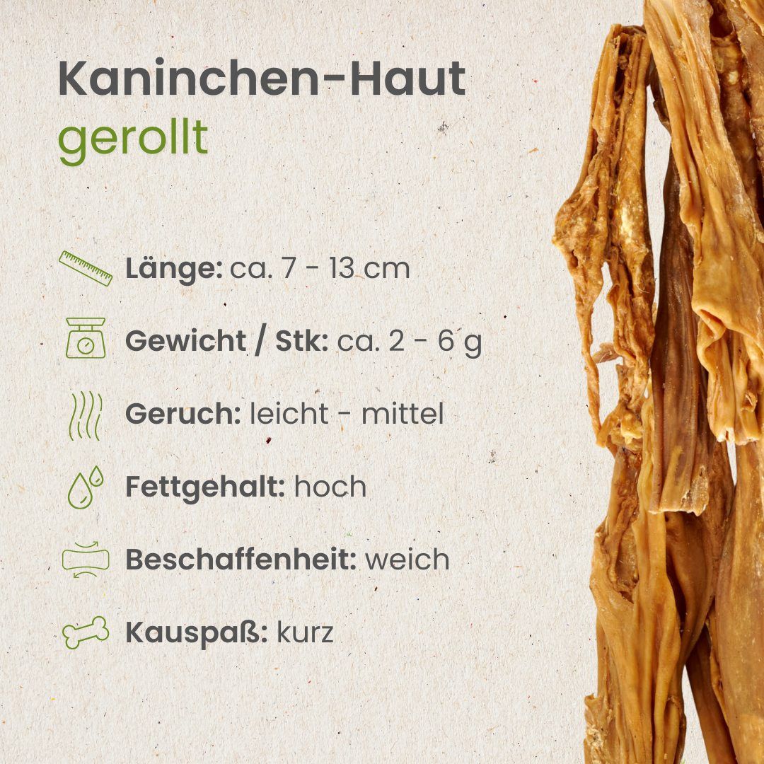 Getrocknete Kaninchenhaut-Rollen für Hunde. Proteinreich, 100% Kaninchen.