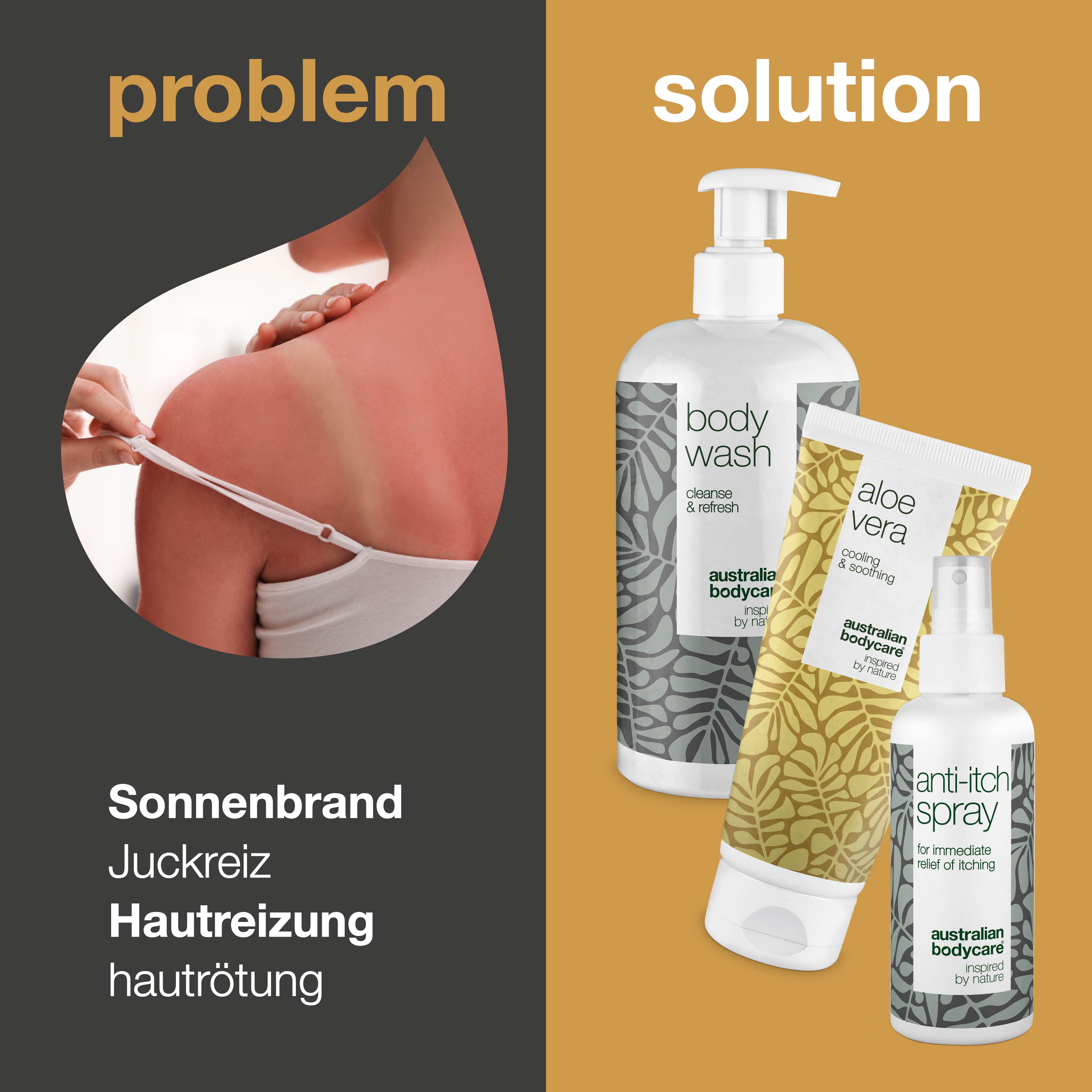 Sonnenbrand-Problem und Lösung. Produkte: Body Wash, Aloe Vera Gel und Anti-Juckreiz-Spray. Schwarzer und goldener Hintergrund.