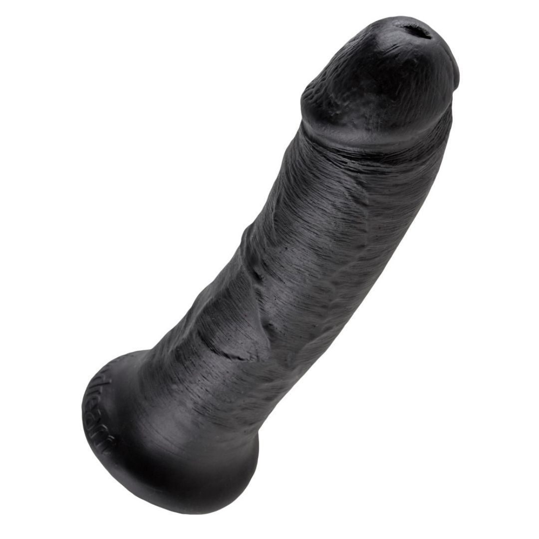 Schwarzer Dildo mit texturierter Oberfläche und Saugnapf. Detailreiche Formgebung.