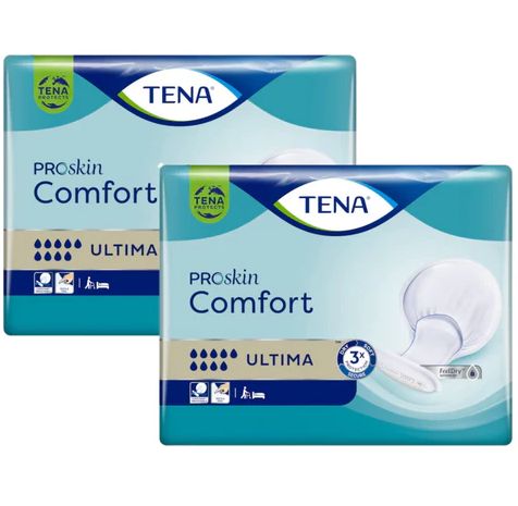 Zwei Packungen TENA Comfort Ultima. Aufschrift: ProSkin Comfort, Ultima, TENA. Grün-blaue Verpackung mit Produktabbildung.