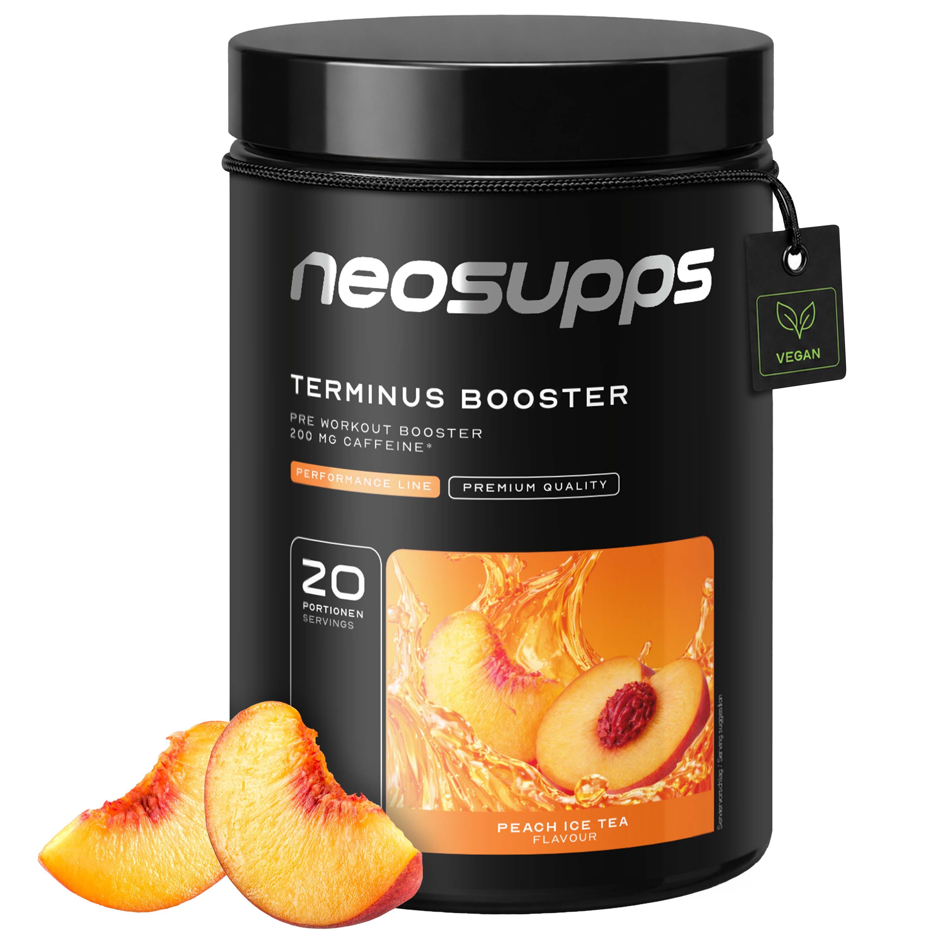 Schwarze Dose "neosupps Terminus Booster". Text: 20 Portionen, Peach Ice Tea. Vegan-Siegel. Pfirsich-Stücke.