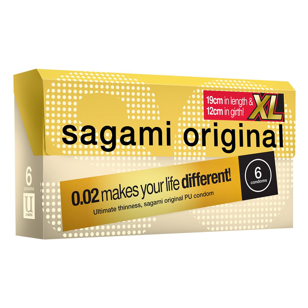 Schachtel mit Kondomen. Aufschrift: Sagami Original XL. Enthält 6 Kondome. Maße: 19 cm Länge, 12 cm Umfang.