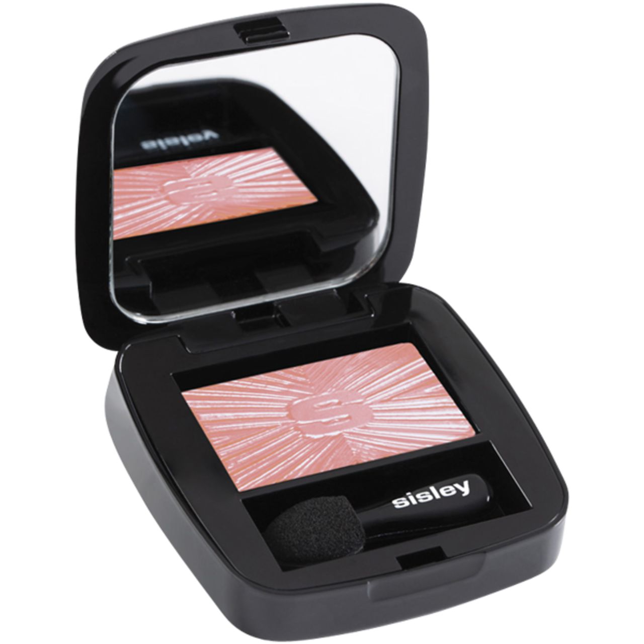 Schwarzer Kosmetikkasten mit Spiegel, Lidschatten und Applikator. Marke: Sisley.