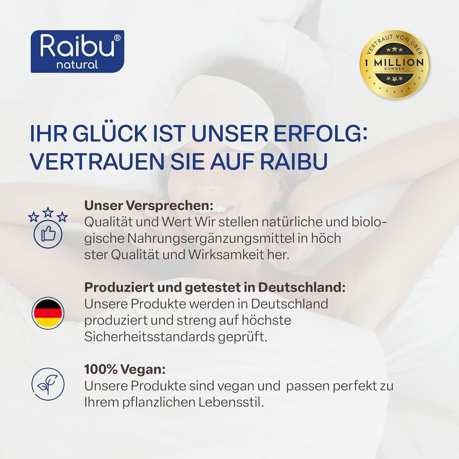 Text: Ihr Glück ist unser Erfolg. Text: Qualität und Wert. Text: 100% Vegan. Text: Raibu natural.