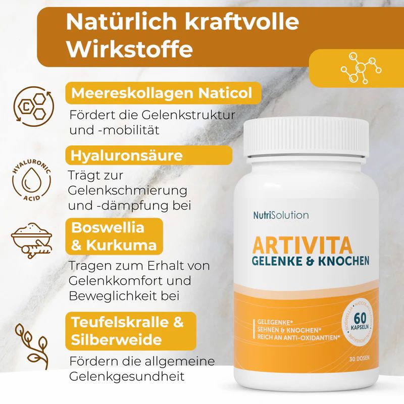 Weiße Flasche ArtiVita+ mit Aufschrift "Gelenke & Knochen". Text: "60 Kapseln". Hintergrund: Inhaltsstoffe, wie Meereskollagen, Hyaluronsäure.