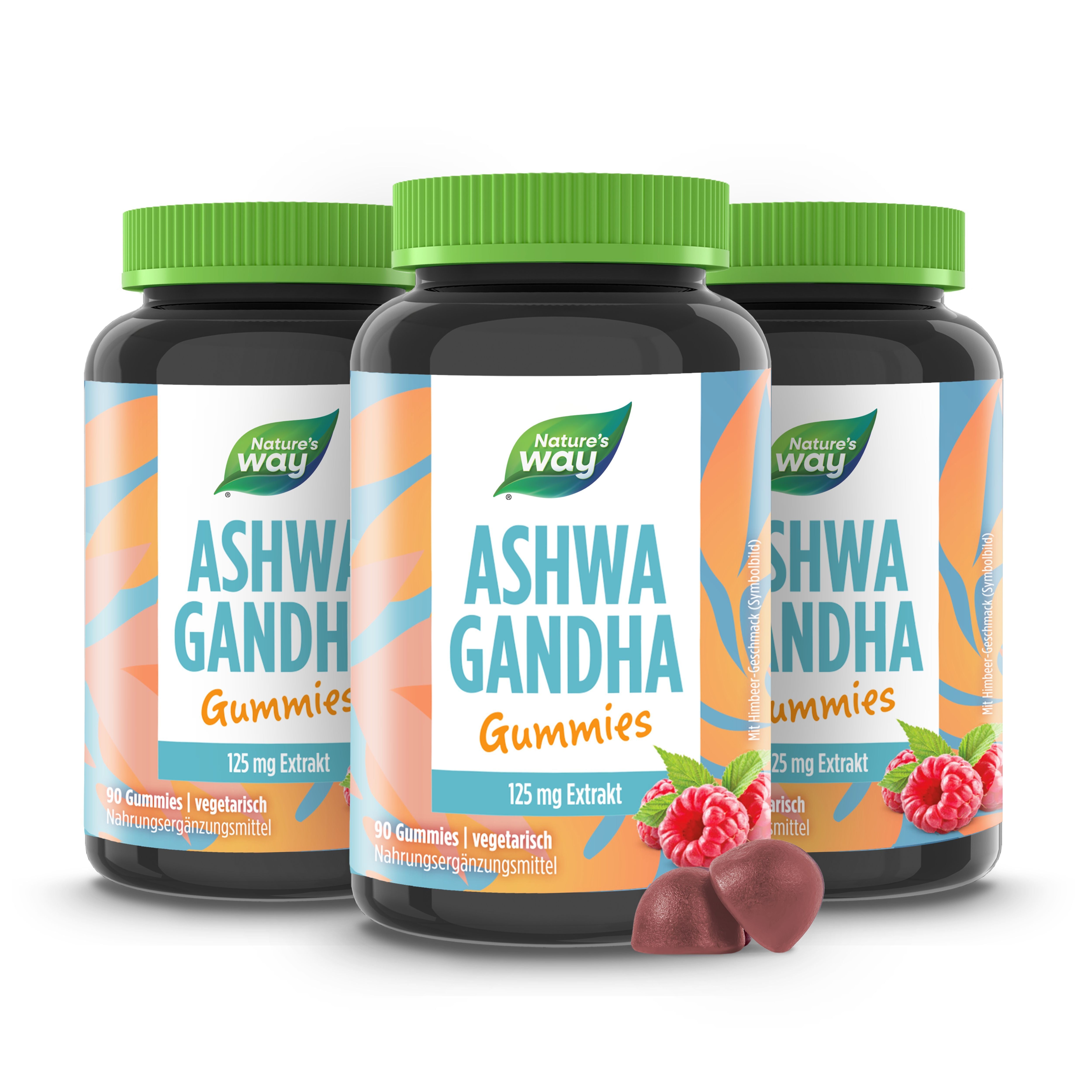 Drei Flaschen Ashwagandha Gummies. Aufschrift: Ashwagandha Gummies, 125 mg Extrakt. Himbeer-Geschmack. Vegetarisch.