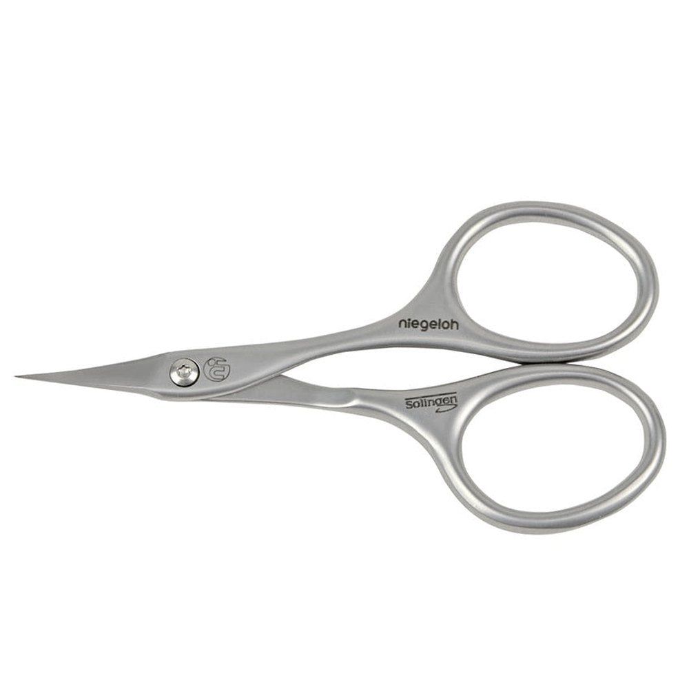 Nagelhautschere aus Edelstahl. Mit runden Griffen und spitzer Spitze. Marke Niegeloh Solingen.