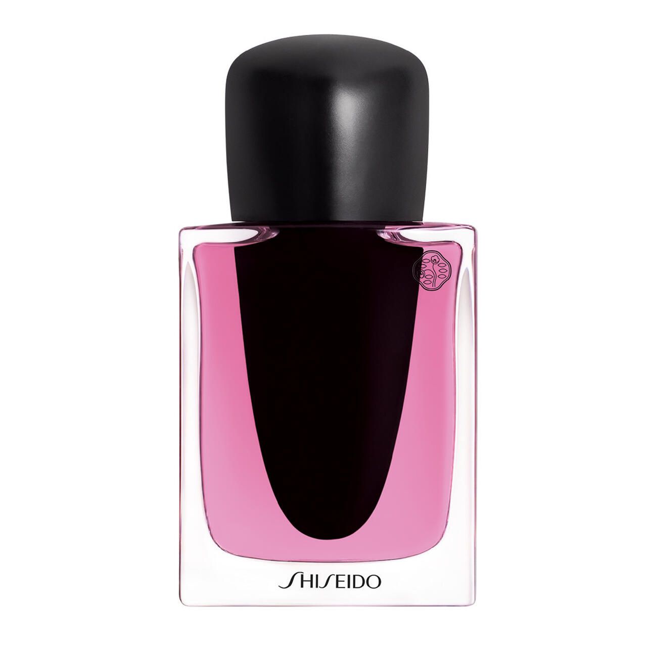 Glasflakon mit schwarzem Verschluss. Rosa Flüssigkeit. Shiseido-Logo unten. Quadratische Form.