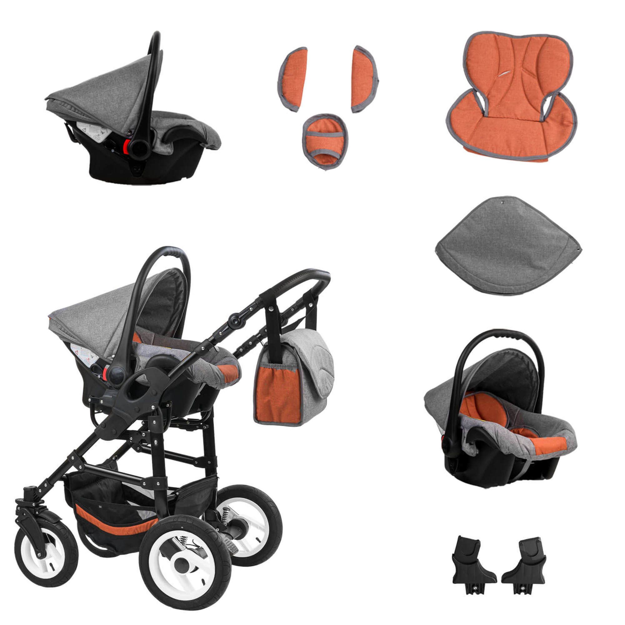 Kinderwagen-Komplettset, grau-orange, mit Babywanne, Sportsitz, Babyschale und Zubehör. Schwarzes Gestell und Luftreifen.