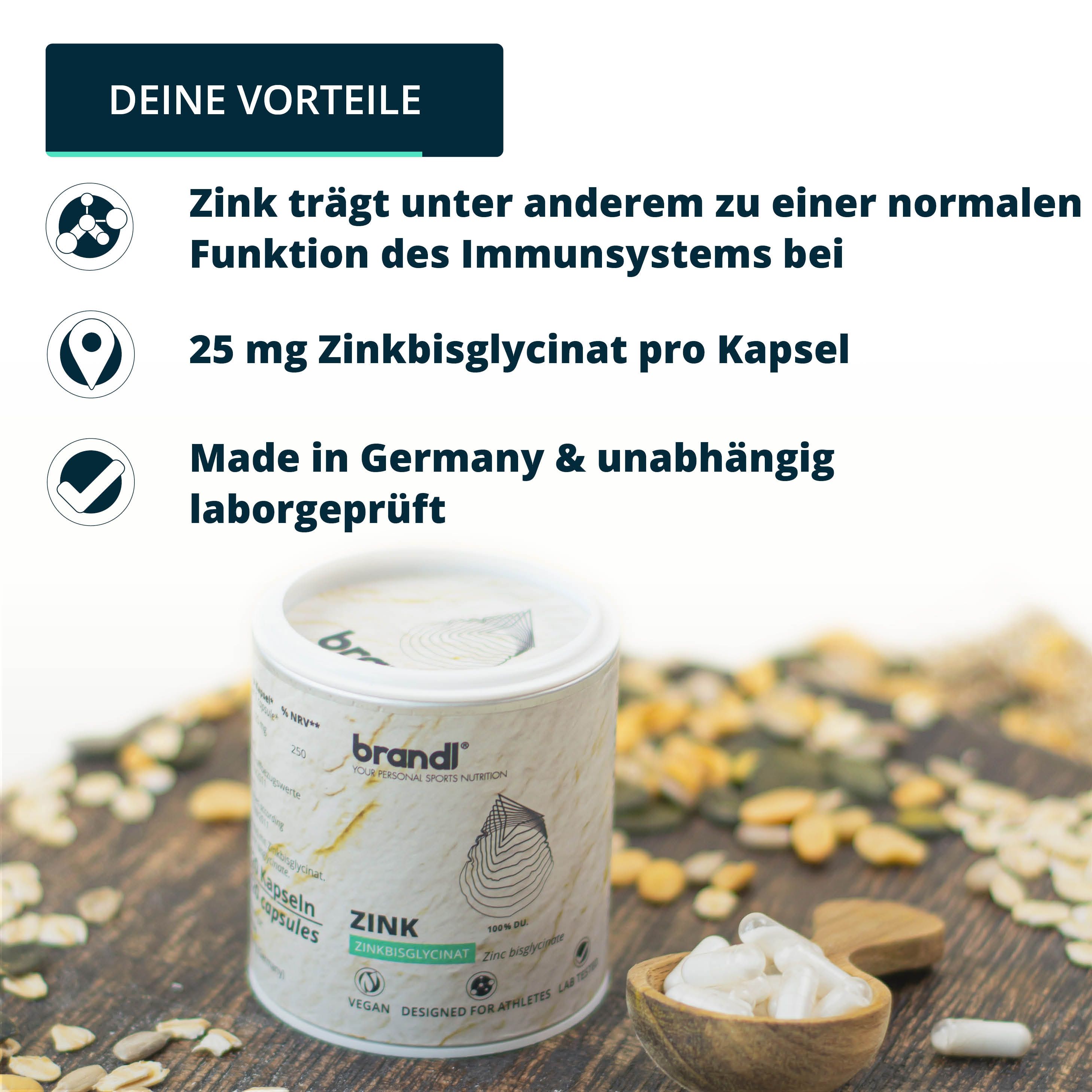 Produktabbildung: brandl® Zink-Dose und Kapseln. Text: 25 mg Zinkbisglycinat pro Kapsel. Made in Germany, vegan, laborgeprüft.