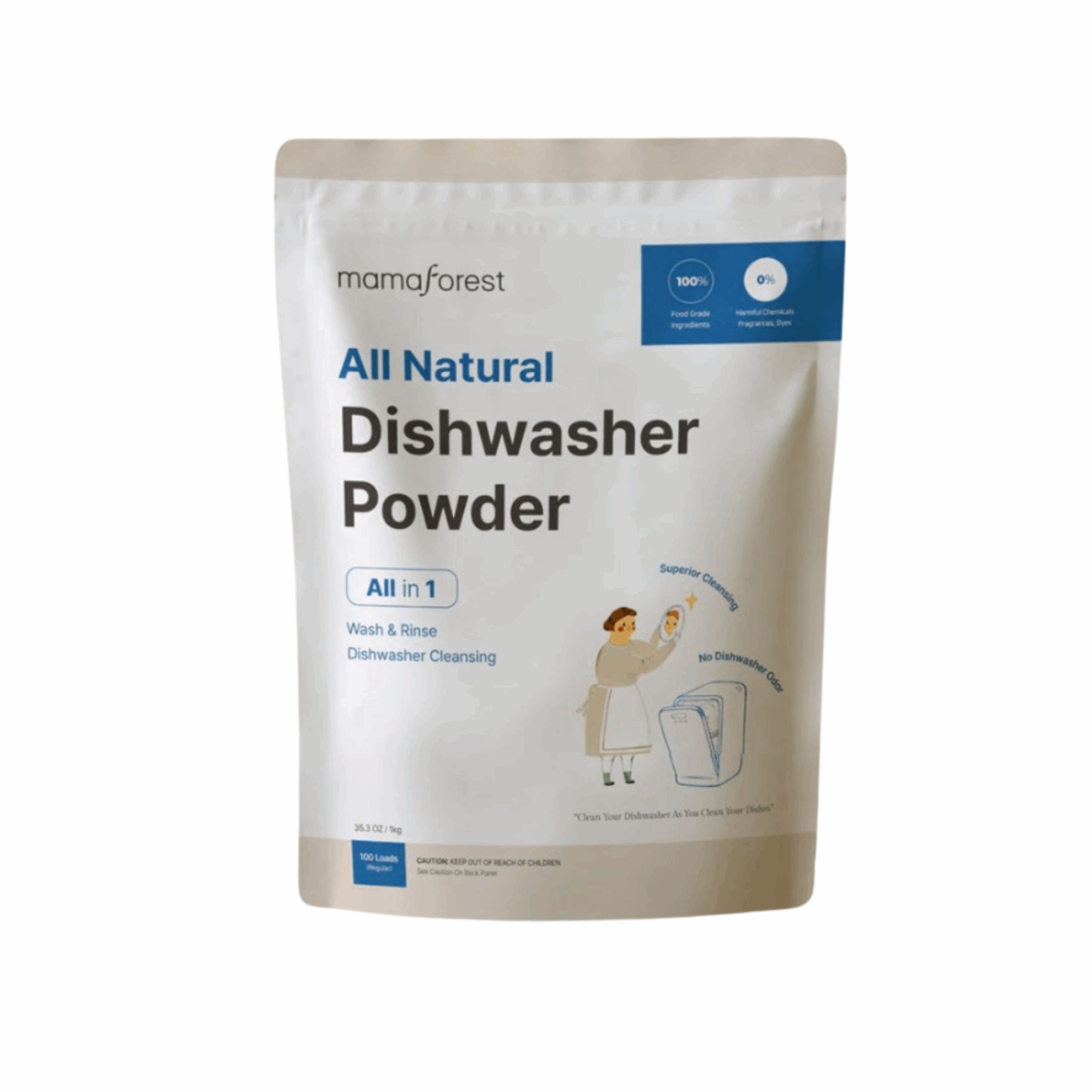 Beutel mit "All Natural Dishwasher Powder" von MAMAFOREST. Weißer Beutel mit Produktinformationen und Illustration.