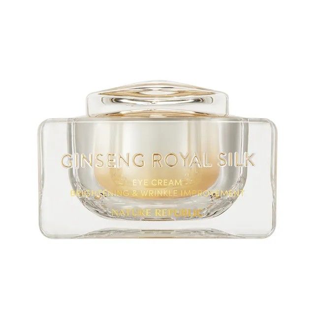 Glasbehälter mit goldfarbenem Inhalt und Deckel. Aufschrift: Ginseng Royal Silk Eye Cream, Nature Republic.