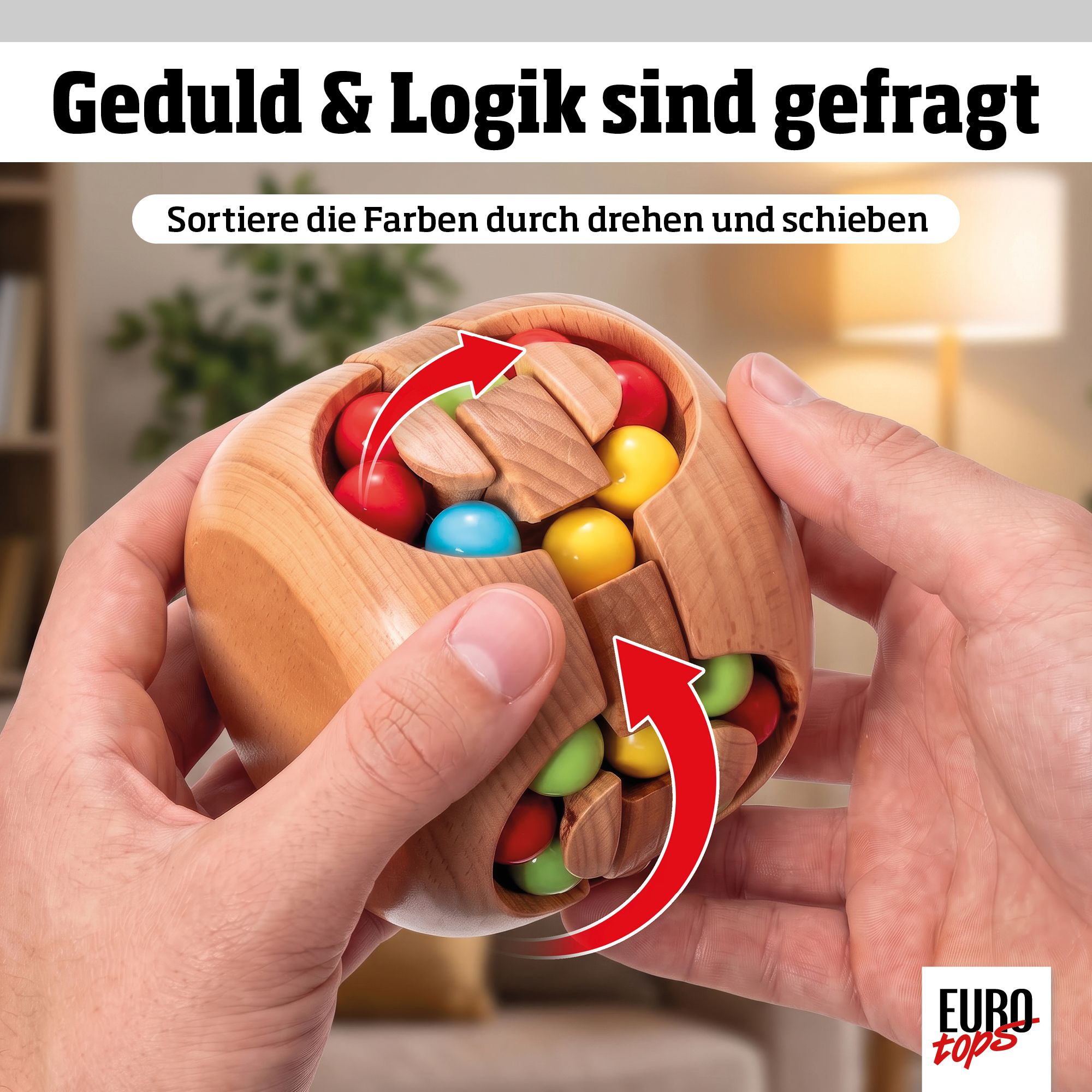 Holz-Kugelspielzeug mit bunten Kugeln in Rot, Grün, Gelb und Blau, in einem Holzwürfel. Maße: 8x9 cm, Gewicht: 310g.