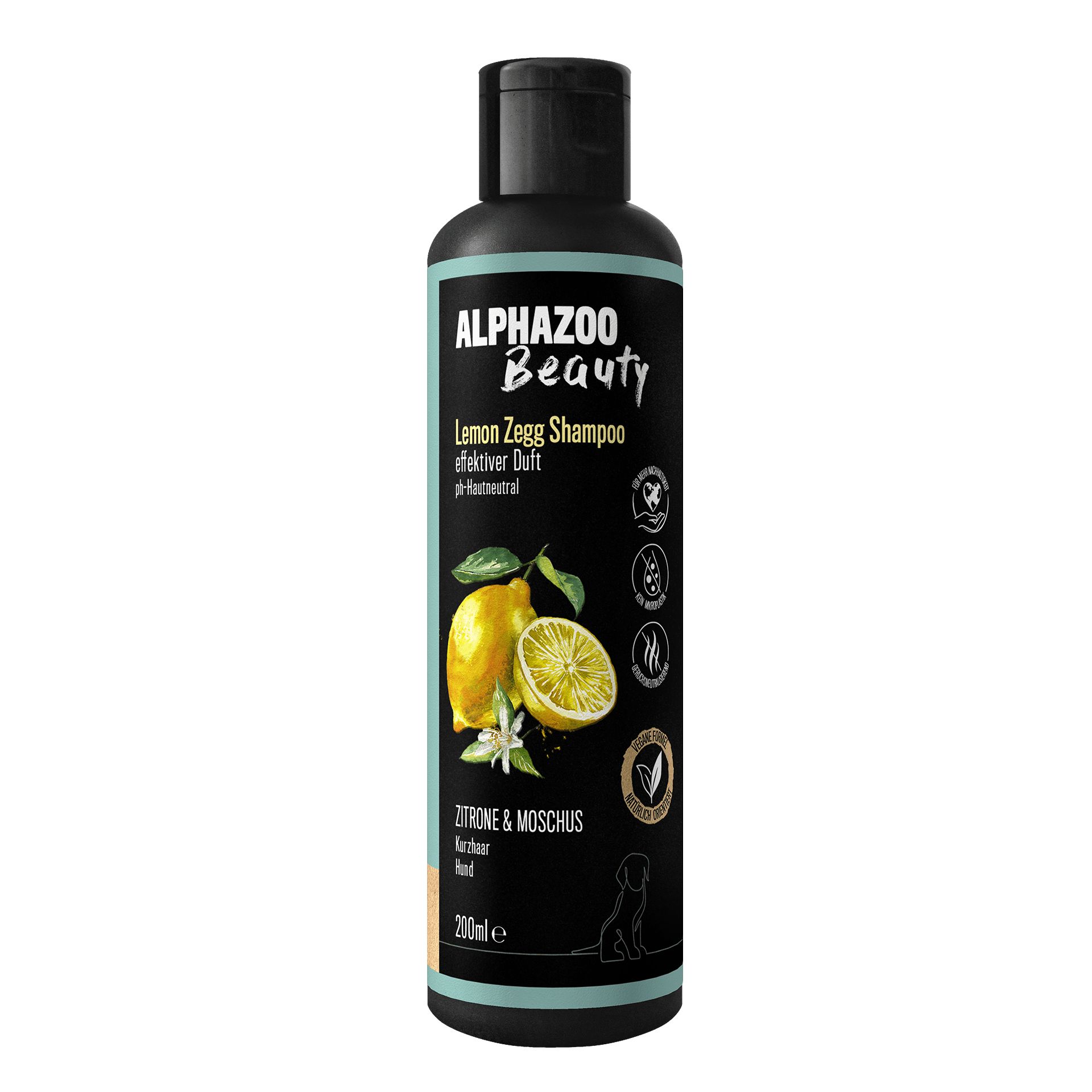 Schwarze Flasche mit Shampoo. Aufschrift: ALPHAZOO Beauty, Lemon Zegg Shampoo. Abbildung von Zitrone und Blättern.