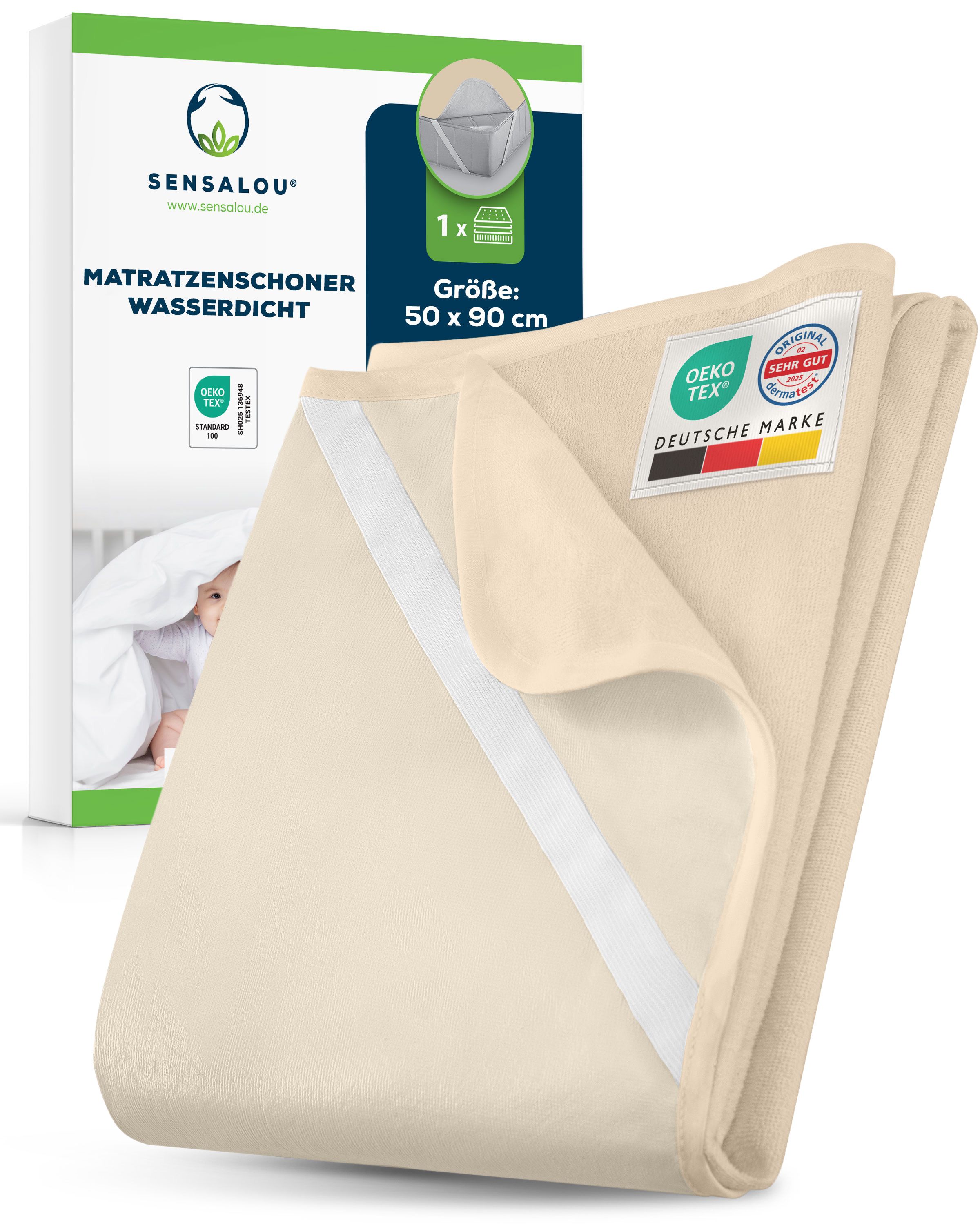 Beiger Matratzenschoner, 50x90 cm, wasserdicht, mit OEKO-TEX-Siegel.