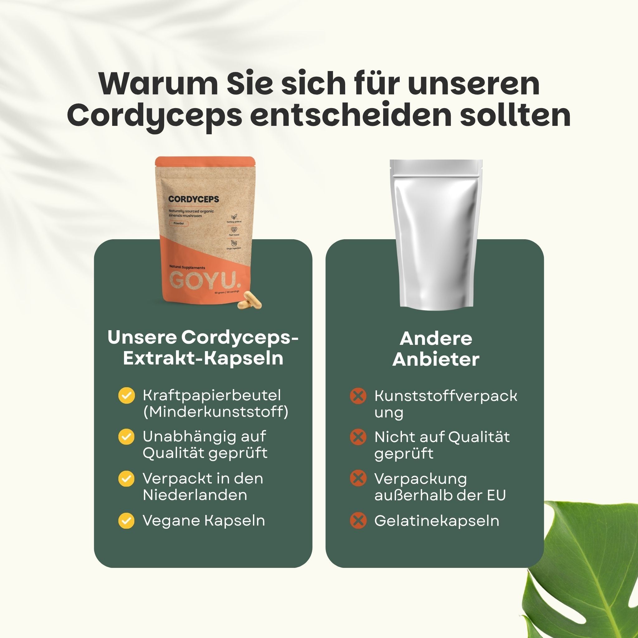 Warum unsere Cordyceps-Kapseln wählen? Kraftpapier, geprüft, in NL verpackt, vegan vs. Plastik, ungeprüft.
