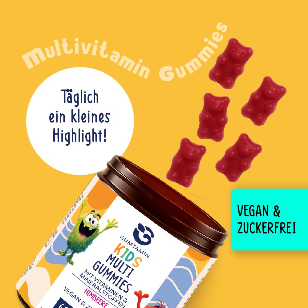 Gumtamin Kids Multi Gummies Dose und Gummibärchen. Aufschrift: Vegan & zuckerfrei. Text: Täglich ein kleines Highlight!