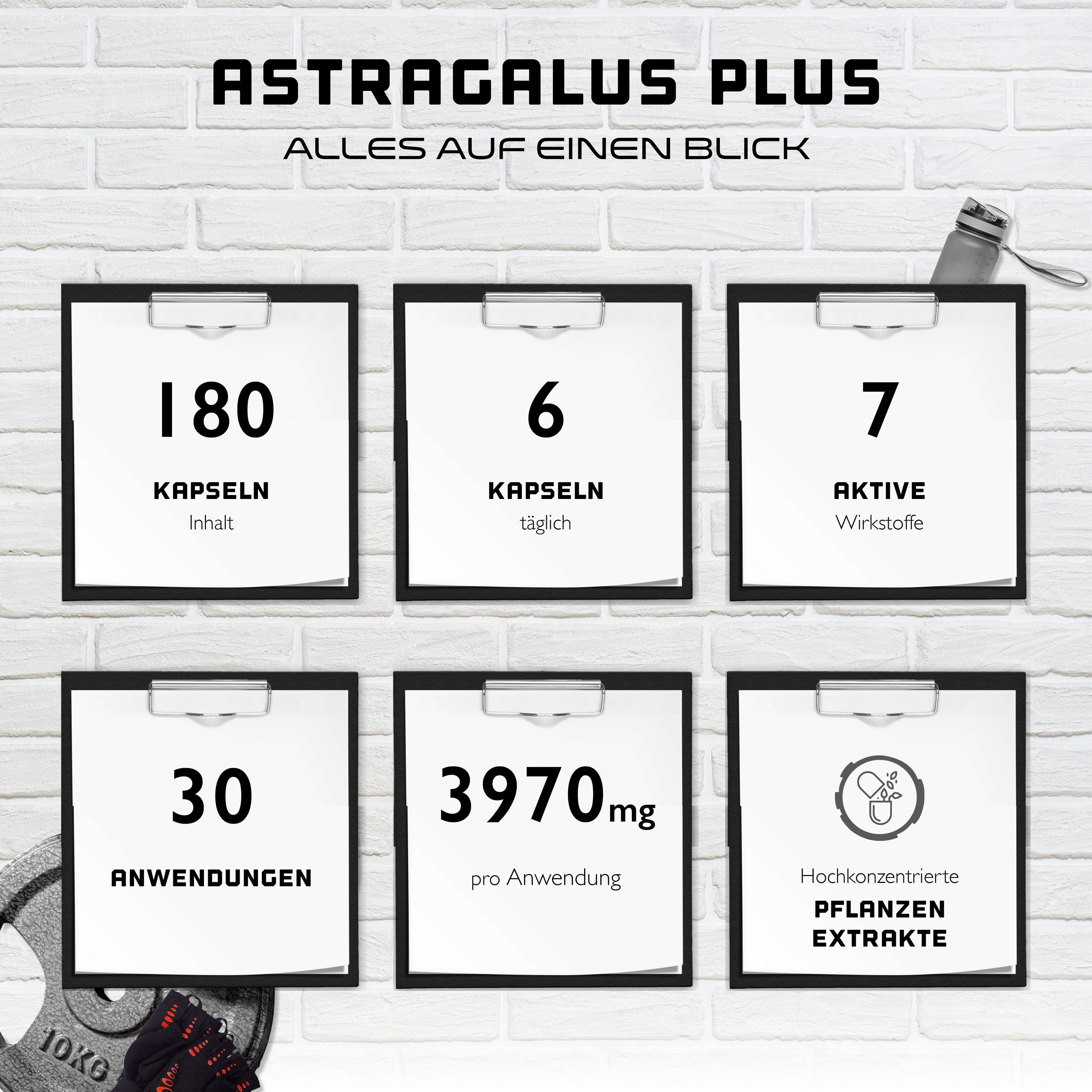 Infografik mit Informationen zu GEN Astragalus Plus. Enthält Angaben zu Kapseln, Wirkstoffen, Anwendungen und Dosierung.