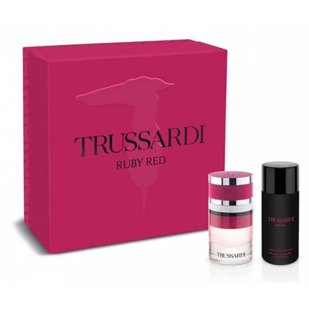Geschenkset mit Box, Flakon und Deodorant. Box mit Logo und Schriftzug. Flakon mit rosa Streifen. Deodorant schwarz.