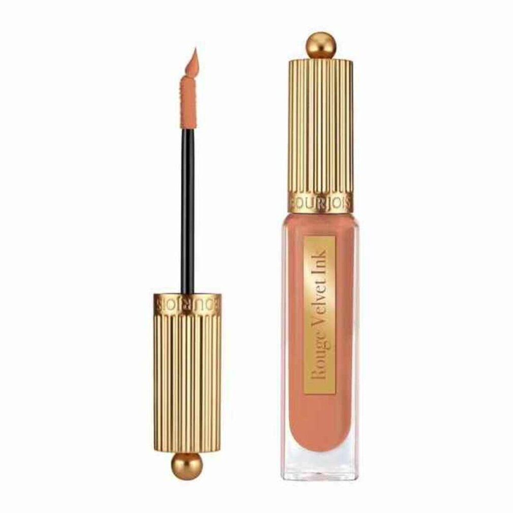 Lippenstift mit goldfarbenem Deckel und Applikator. Produktname: Rouge Velvet Ink. Farbe: 01 Beige De Jour. Applikator zeigt Farbe.