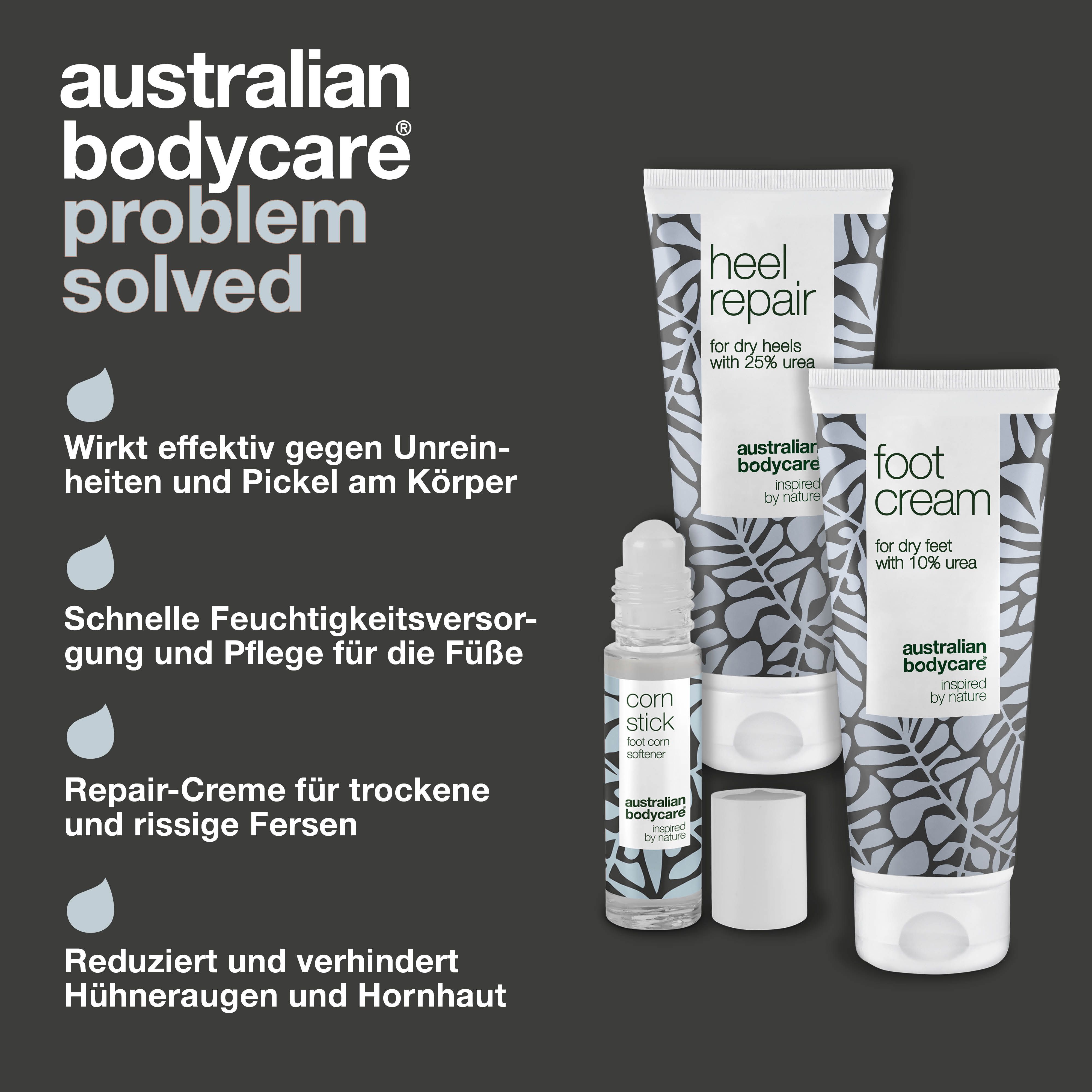 Produkt-Set: Fußcreme, Heel Repair, Corn Stick. Text: Australian Bodycare. Blauer Hintergrund.