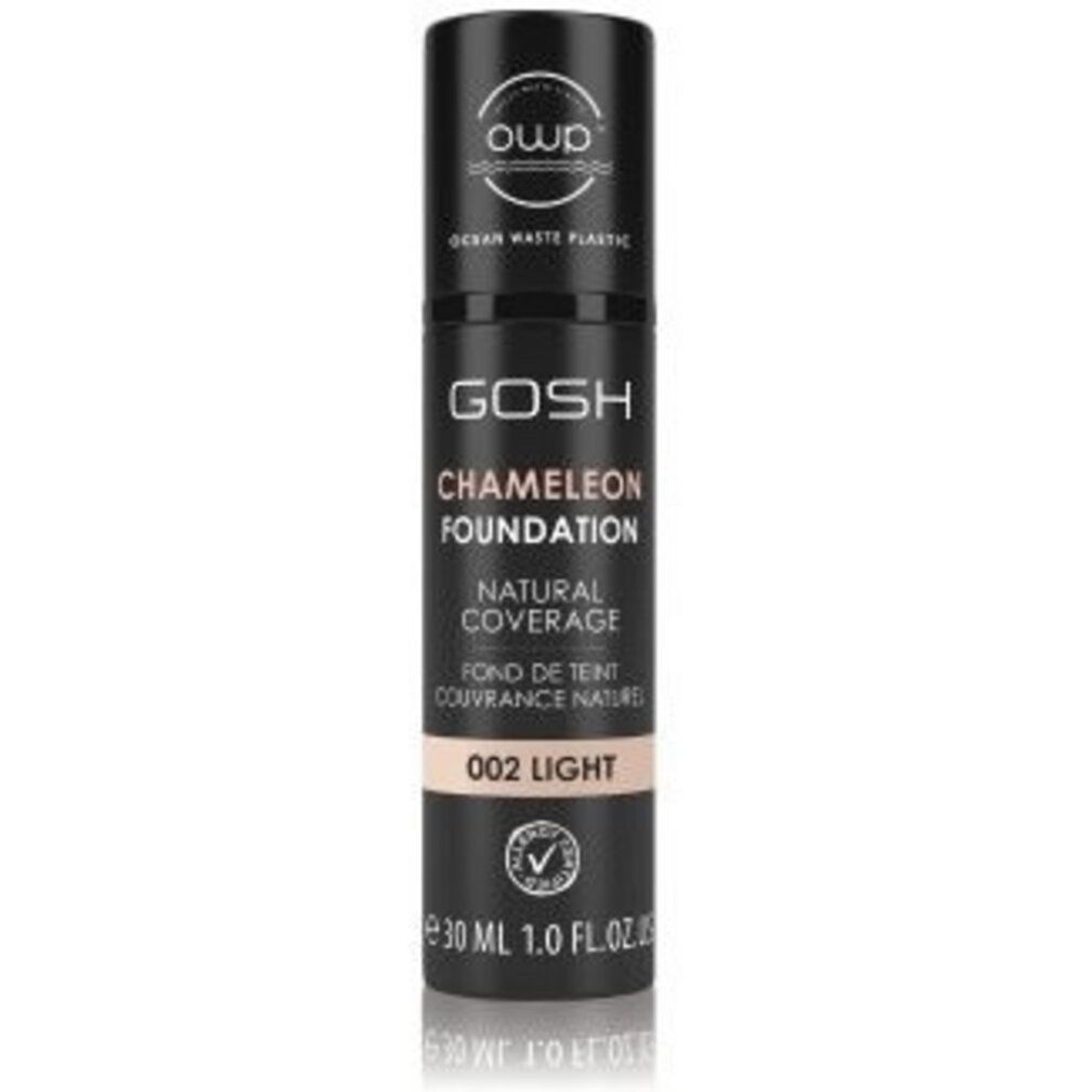 Gosh Chameleon Foundation, 002 Light. Schwarze Tube mit Produktinformationen und Zertifizierung. 30 ml.