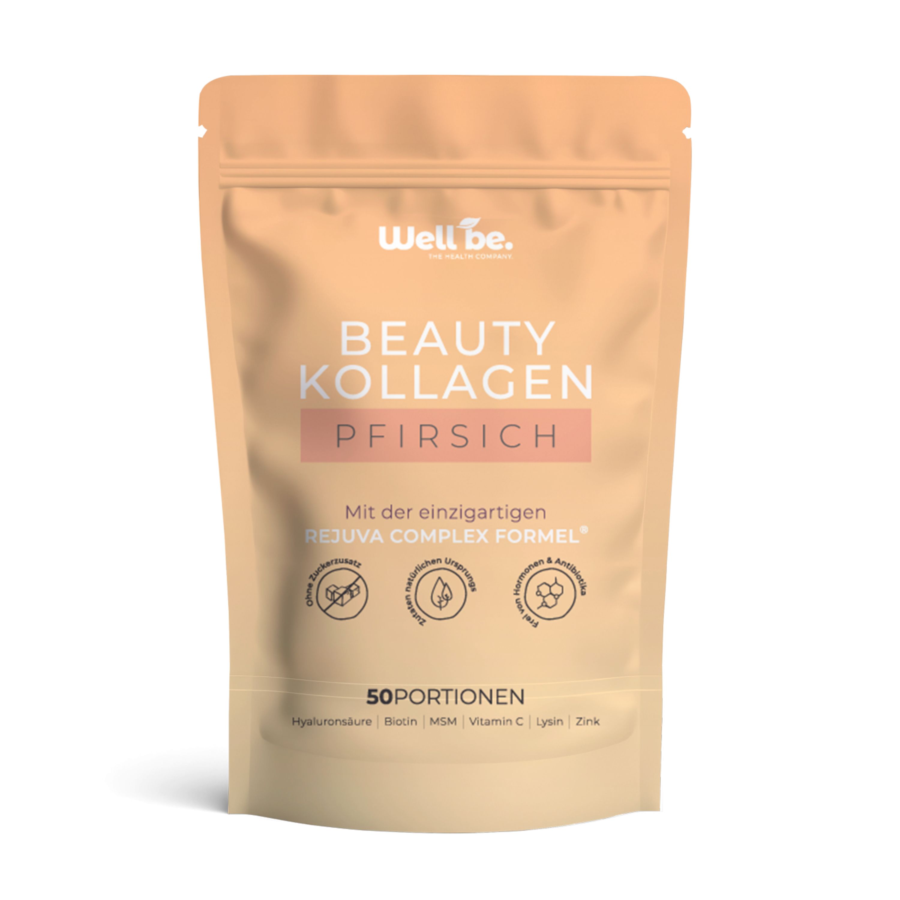 Well be. Beauty Kollagen Pfirsich Beutel mit 50 Portionen. Enthält Hyaluronsäure, Biotin, MSM, Vitamin C, Lysin, Zink.