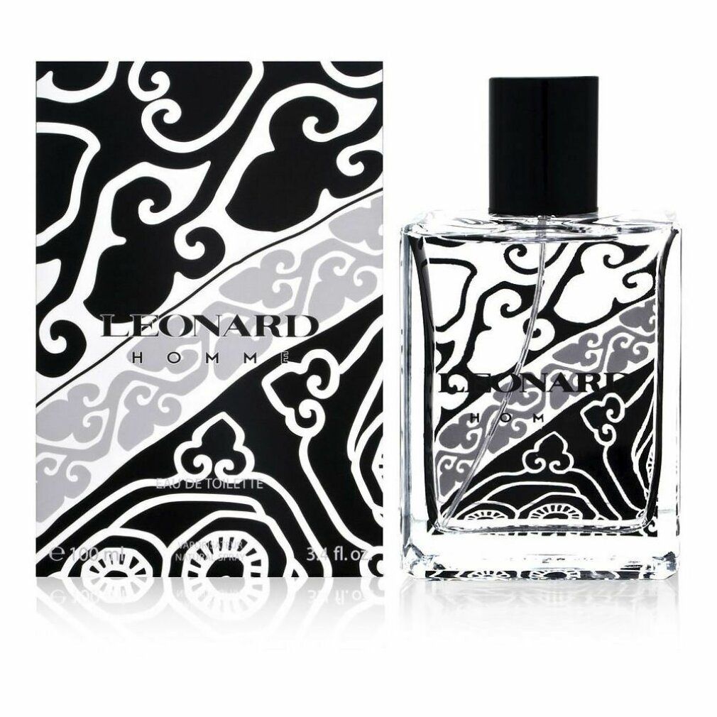 Flakon und Verpackung von Leonard Homme Eau de Toilette. Schwarzes und graues Muster. Schwarzer Verschluss. Aufschrift: Eau de Toilette.