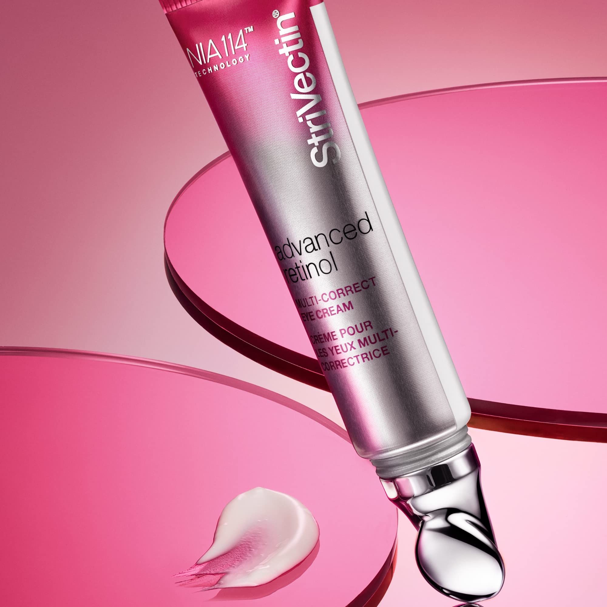 Tube mit Augencreme. Marke: StriVectin. Text: Advanced Retinol Multi-Correct Eye Cream. Farbverlauf: Pink/Silber.