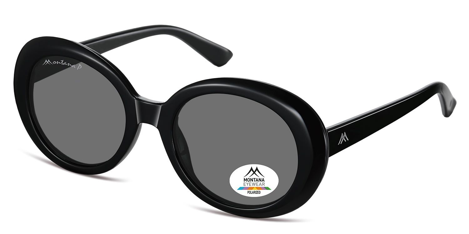 Schwarze Sonnenbrille mit runden Gläsern. Montana Eyewear Logo auf dem Glas und Bügel. Polarisierte Gläser.