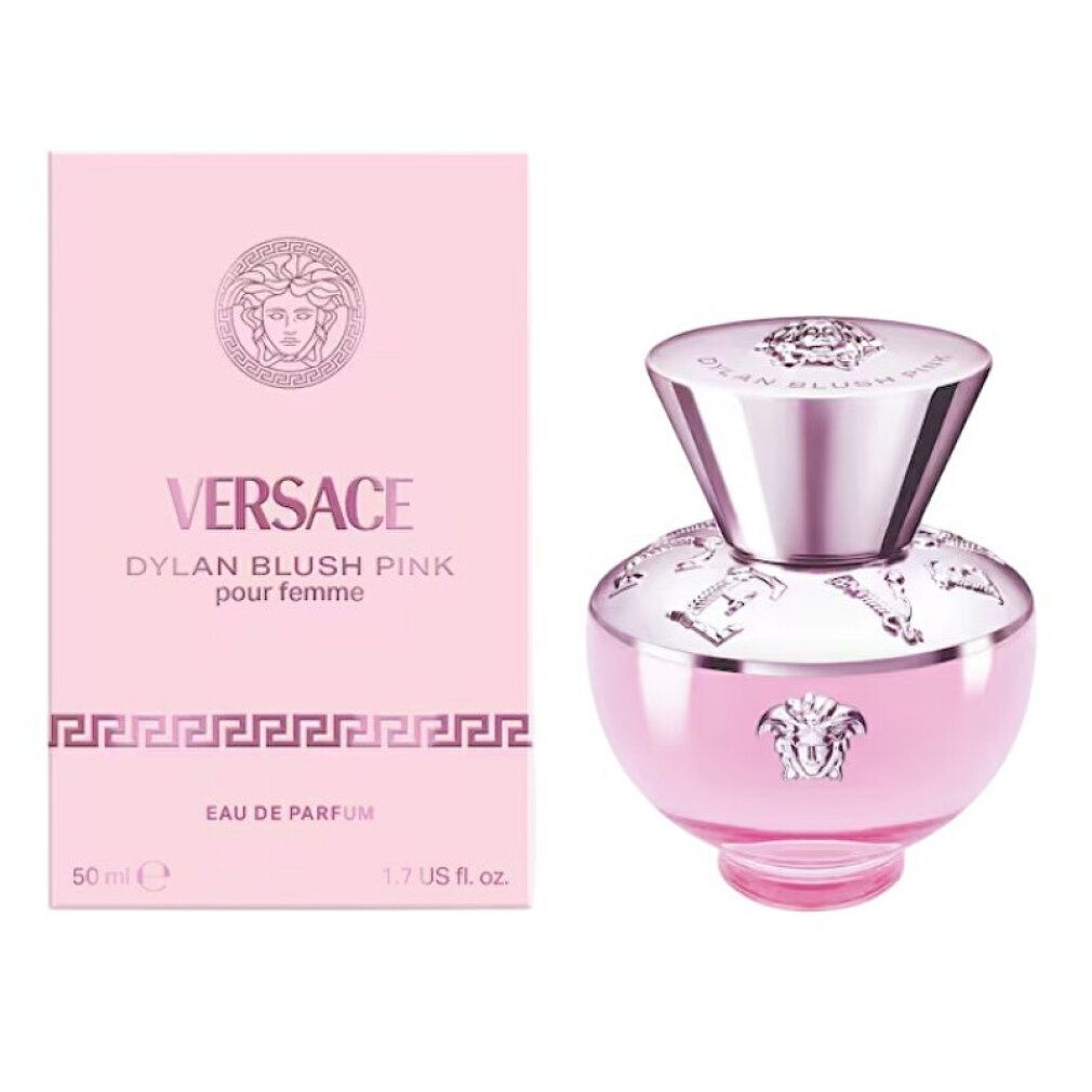 Versace Dylan Blush Pink Eau de Parfum Flakon und Verpackung mit Medusa-Motiv und Schriftzug.