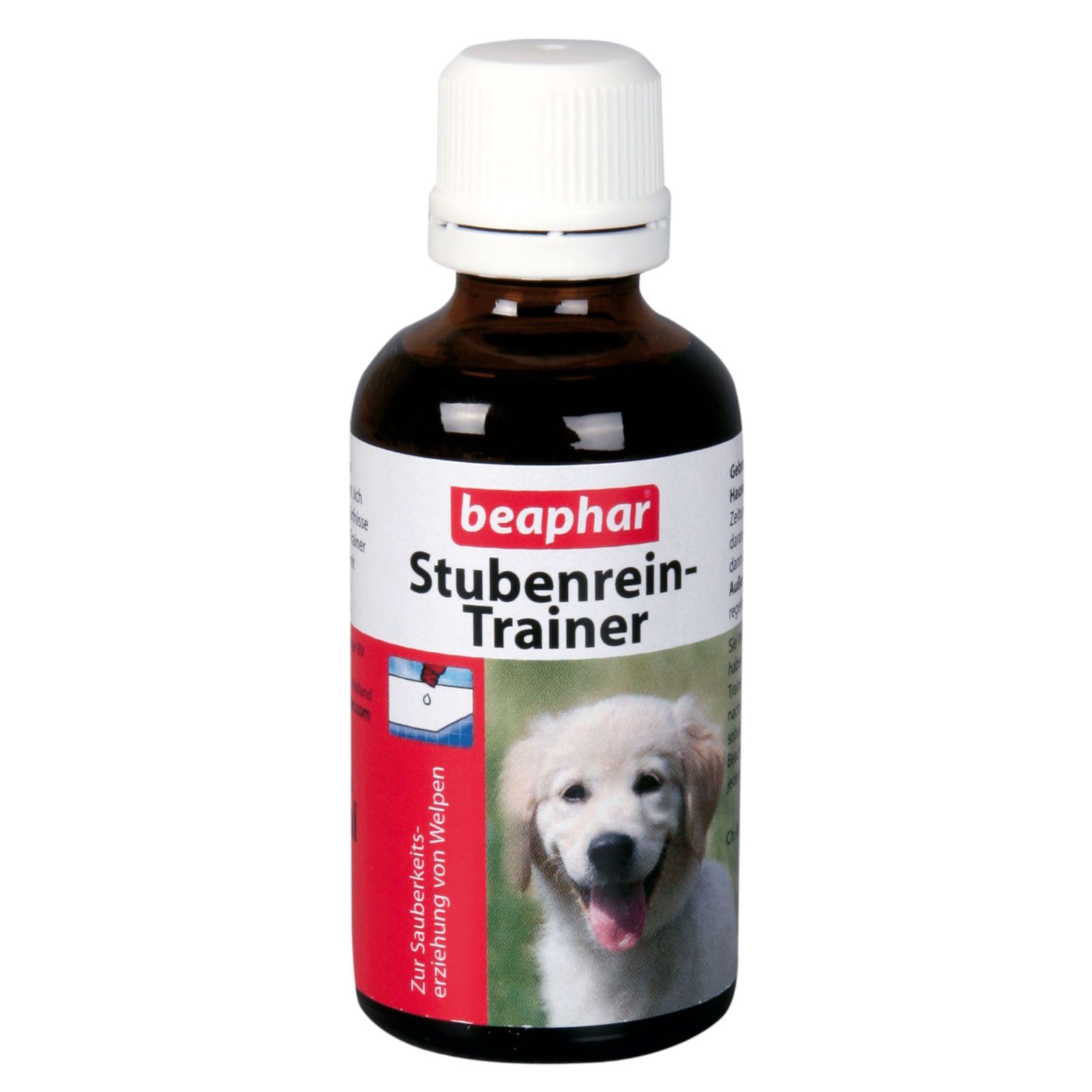 Braune Flasche mit weißem Deckel. Aufschrift: Beaphar Stubenrein-Trainer. Abbildung eines Welpen.