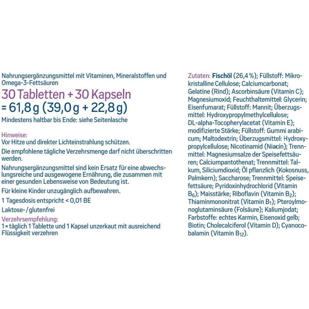 Text über Inhaltsstoffe und Nährwertangaben. 30 Tabletten + 30 Kapseln = 61,8g. Hinweise. Weißer Hintergrund.