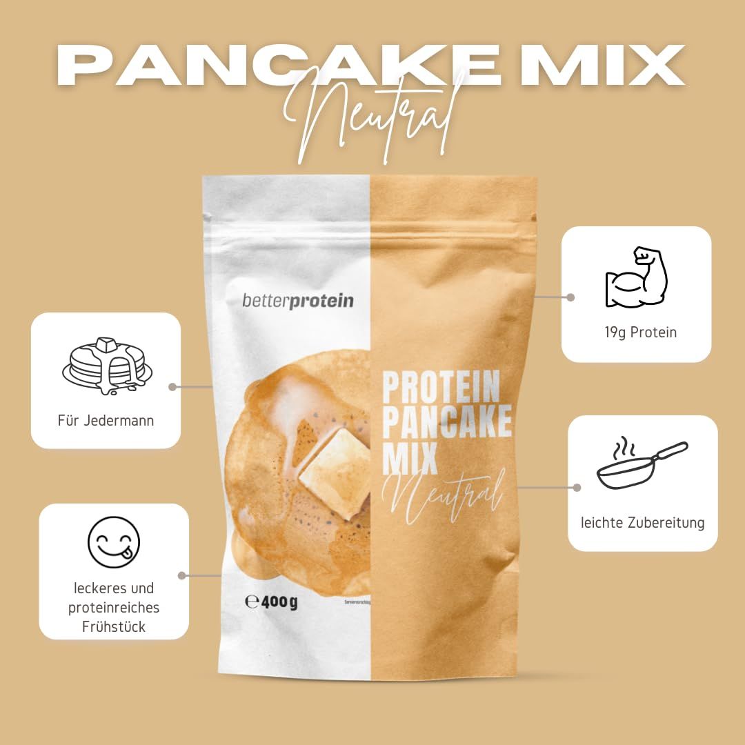 Beutel mit Protein Pancake Mix. Aufschrift: 19g Protein, 400g, leckeres Frühstück. Abbildung von Pfannkuchen mit Butter.