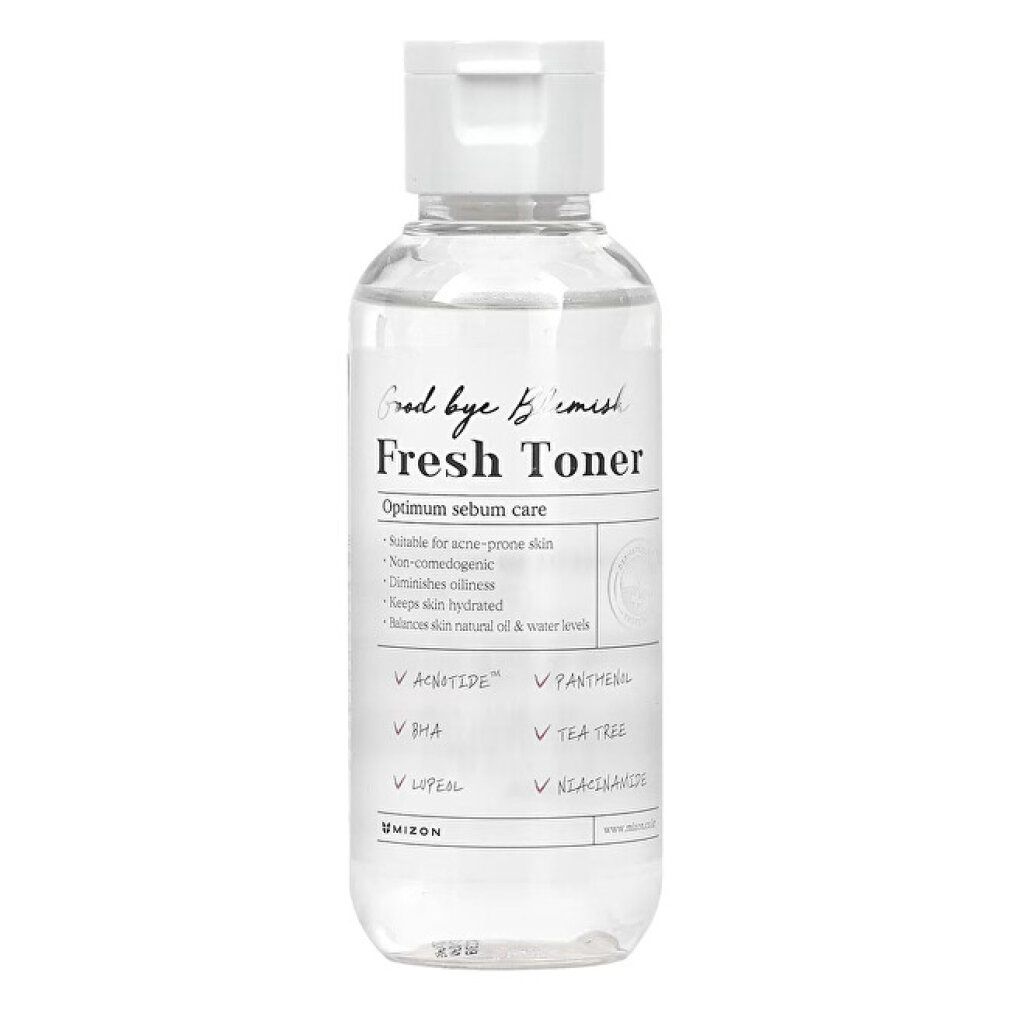 Klare Flasche mit weißem Deckel. Aufschrift: Fresh Toner. Text: Optimum sebum care.