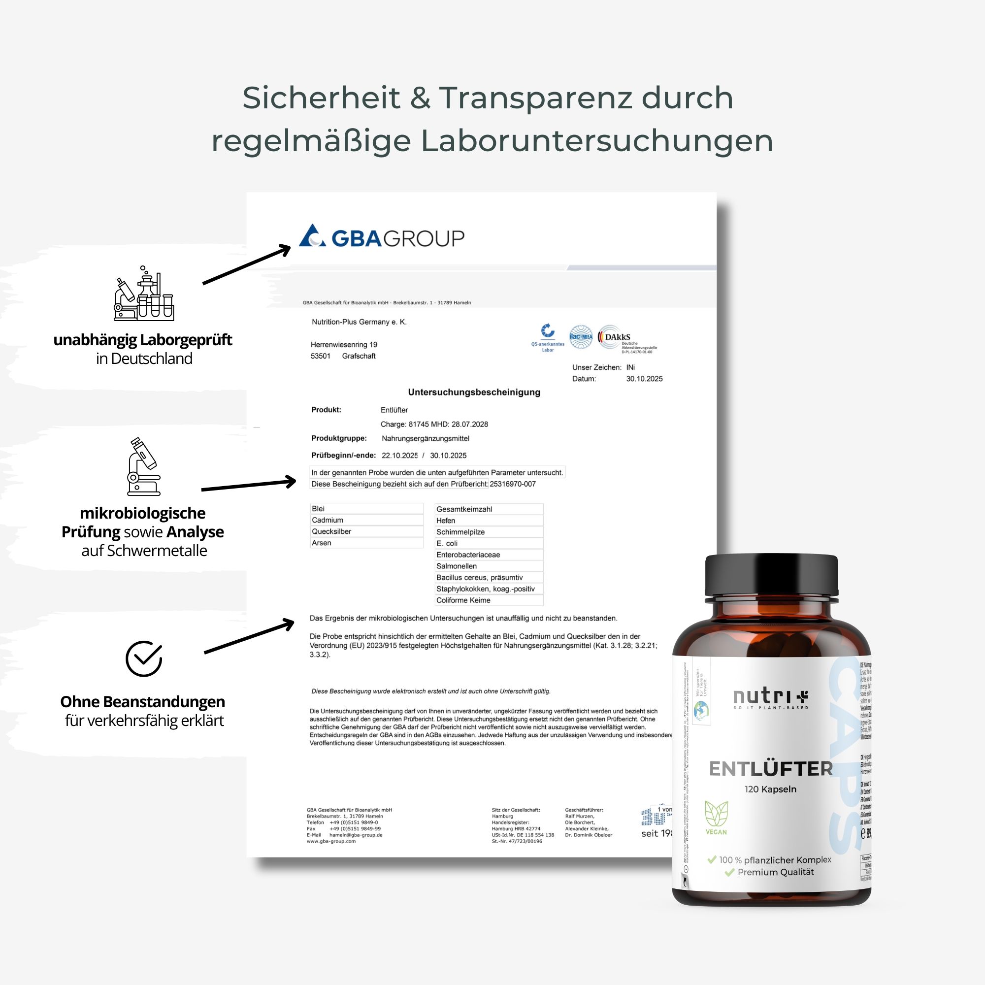 Zertifikat der GBA Group Food. Flasche mit Entlüfter. Mikrobiologische Prüfung.