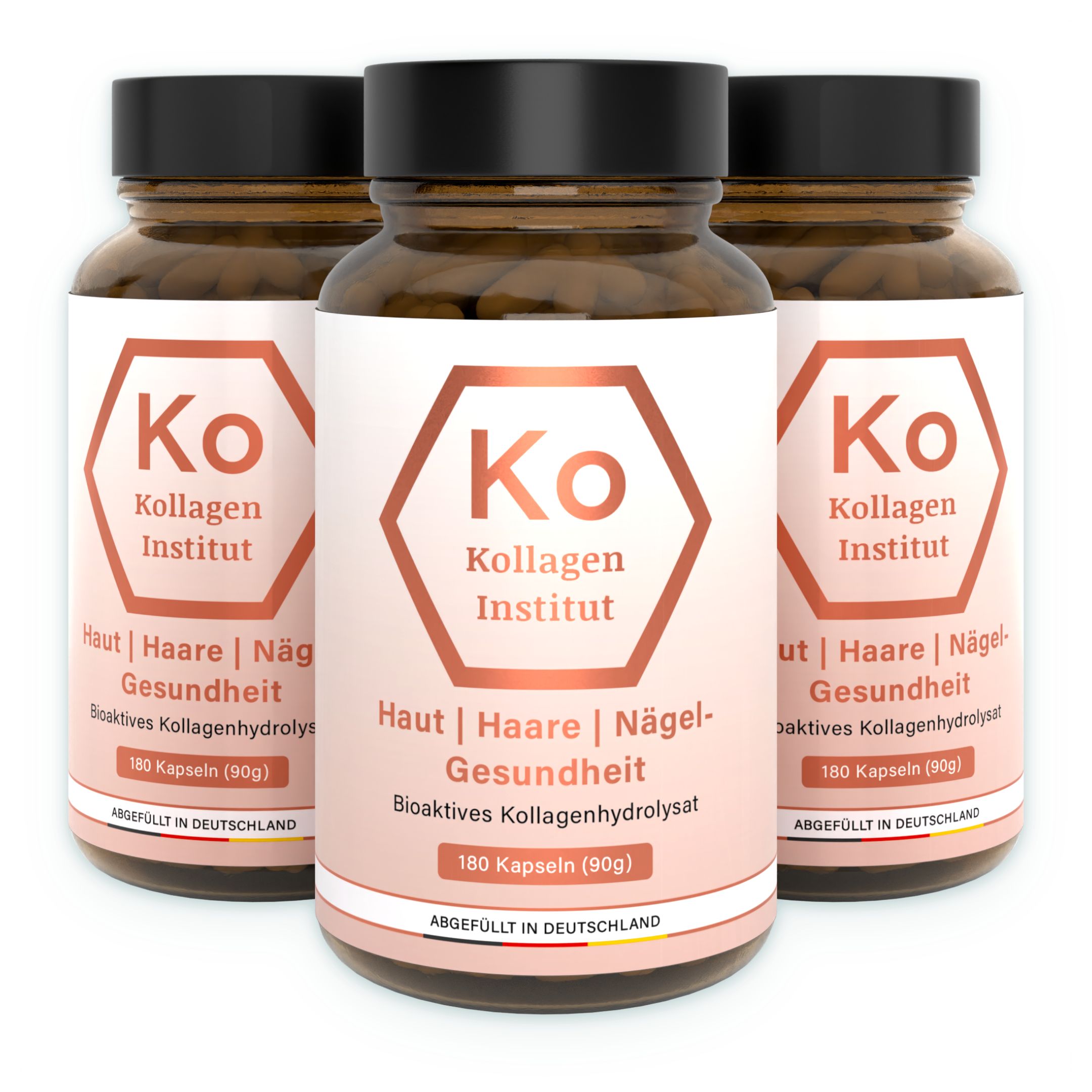 Drei Flaschen Kollagen Kapseln mit Etikett: Kollagen Institut, Haut, Haare, Nägel-Gesundheit.