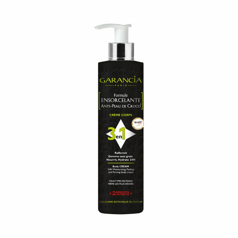Schwarze Flasche mit Pumpspender. Garancia Formule Ensorcelante Anti-Peau de Croco Creme Corps.